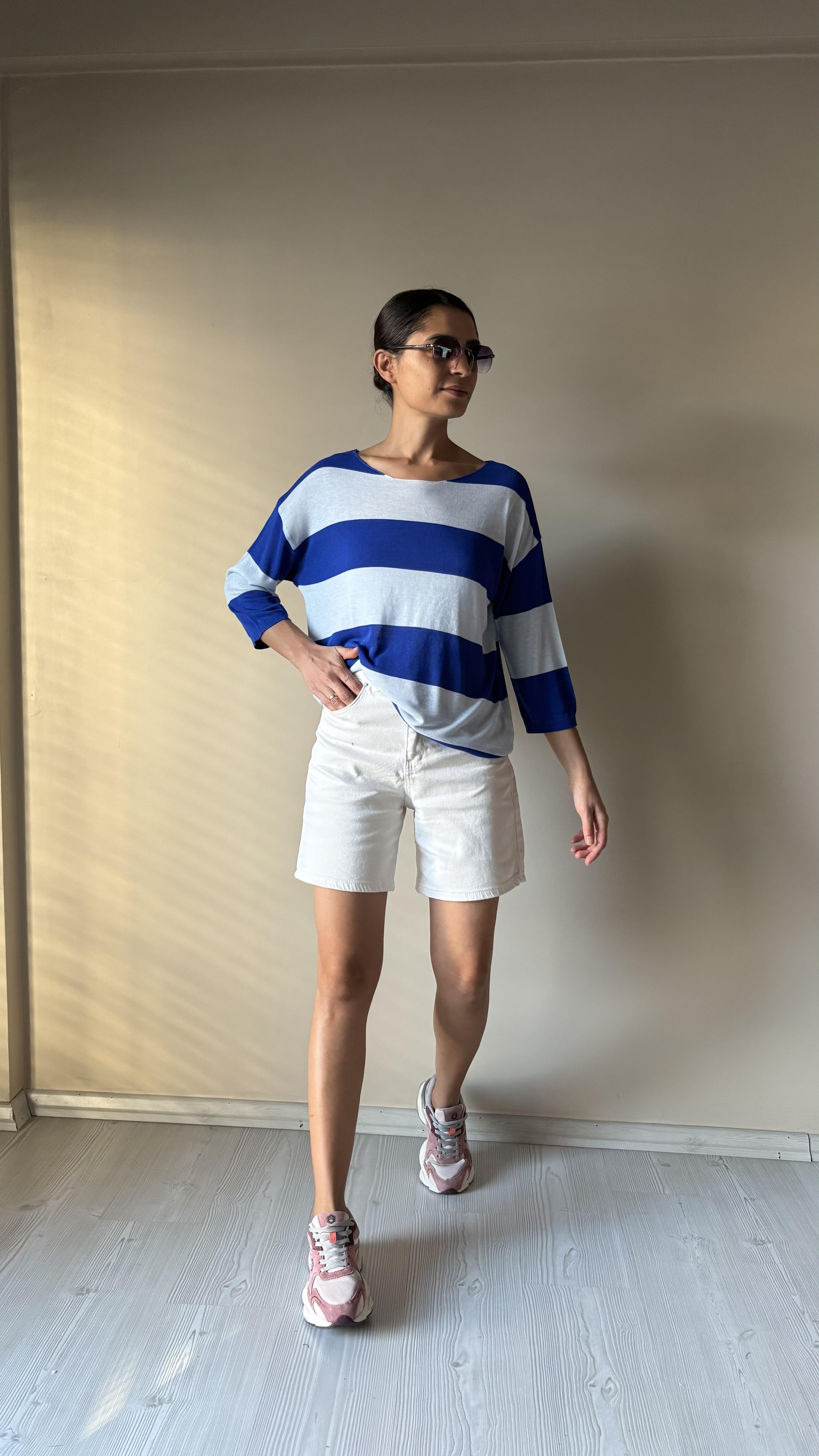 Mavi çizgili Merserize kazak 