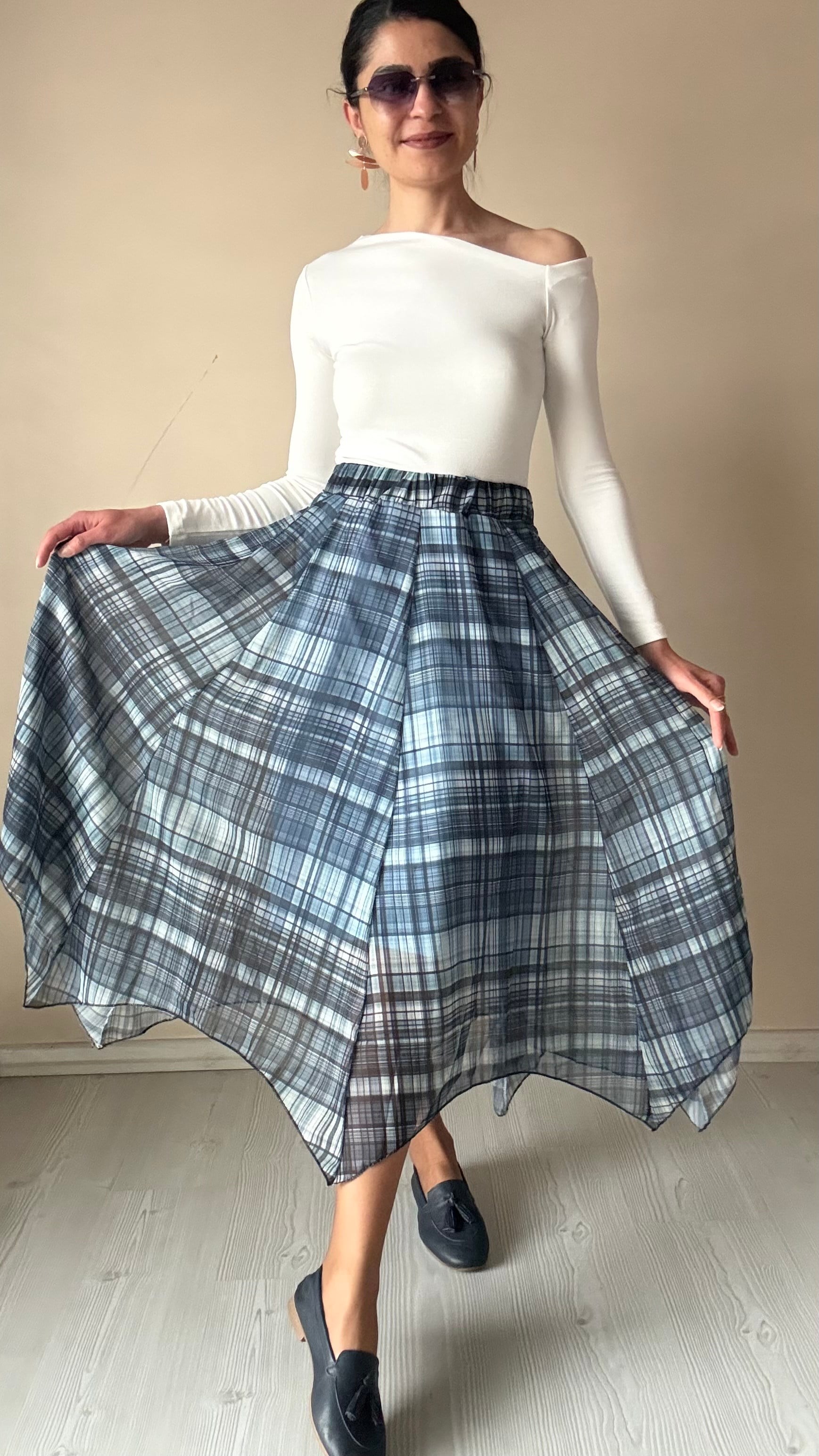 Mavi Ekoseli Şifon Astarlı Etek