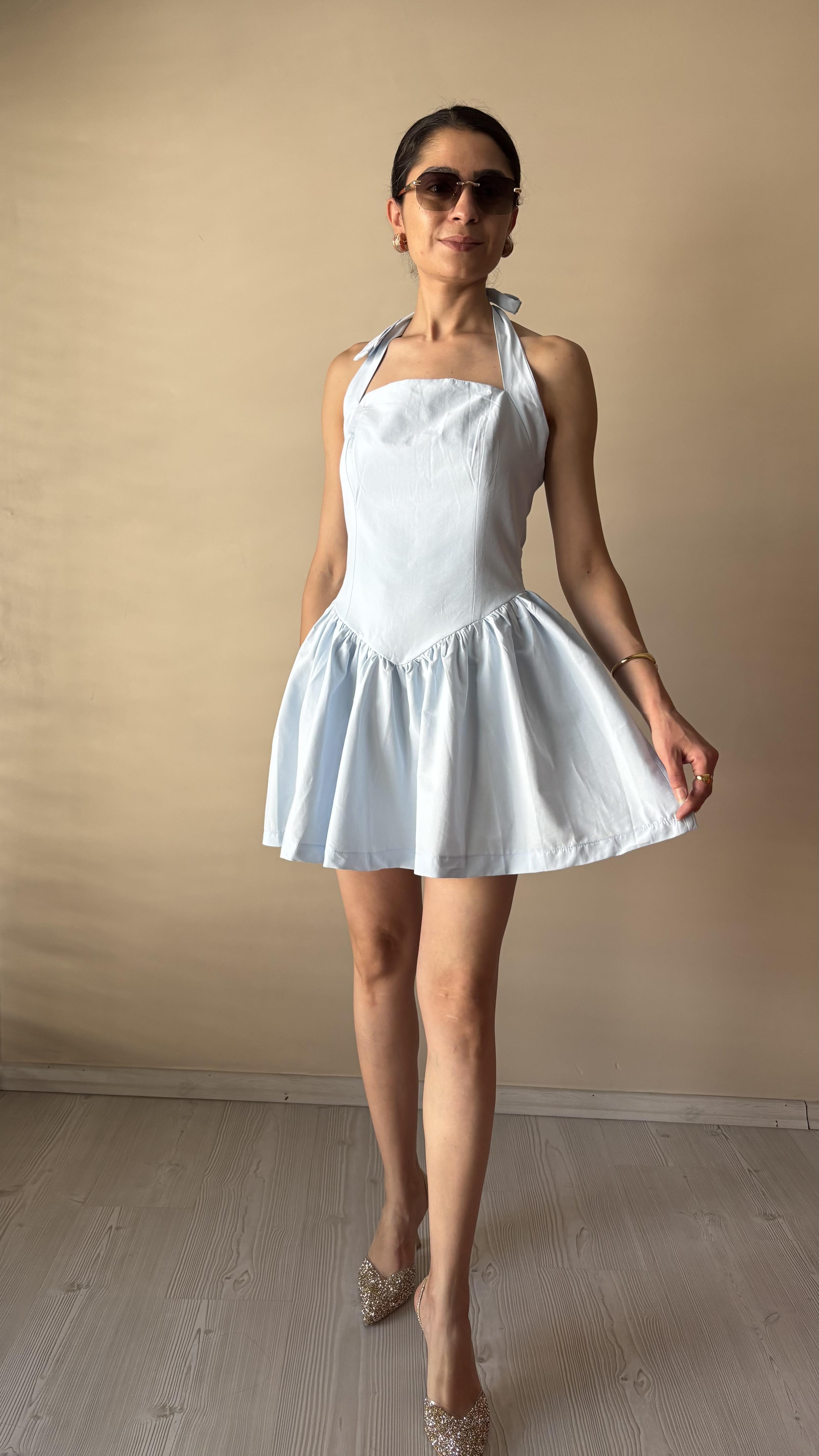 Mavi poplin Boyundan Bağlamalı Elbise 