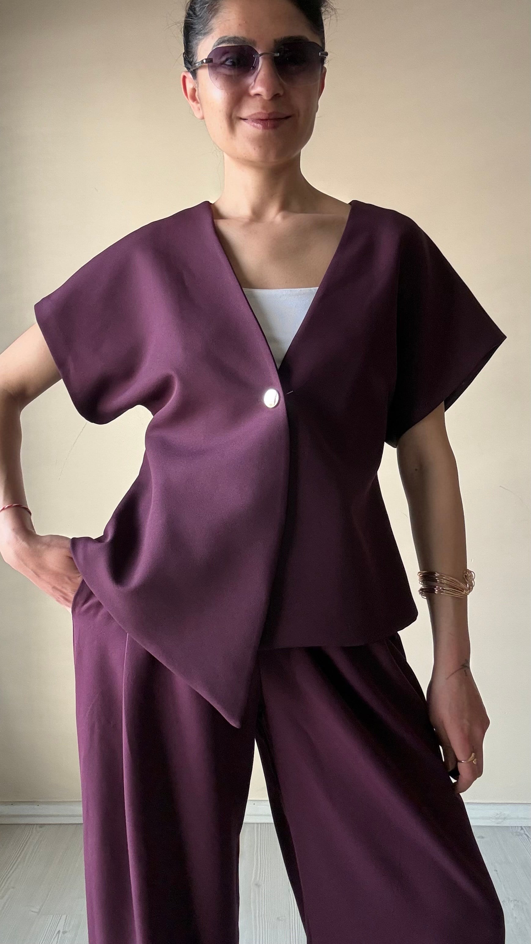 Mürdüm Tek Düğme Asimetrik Yelek