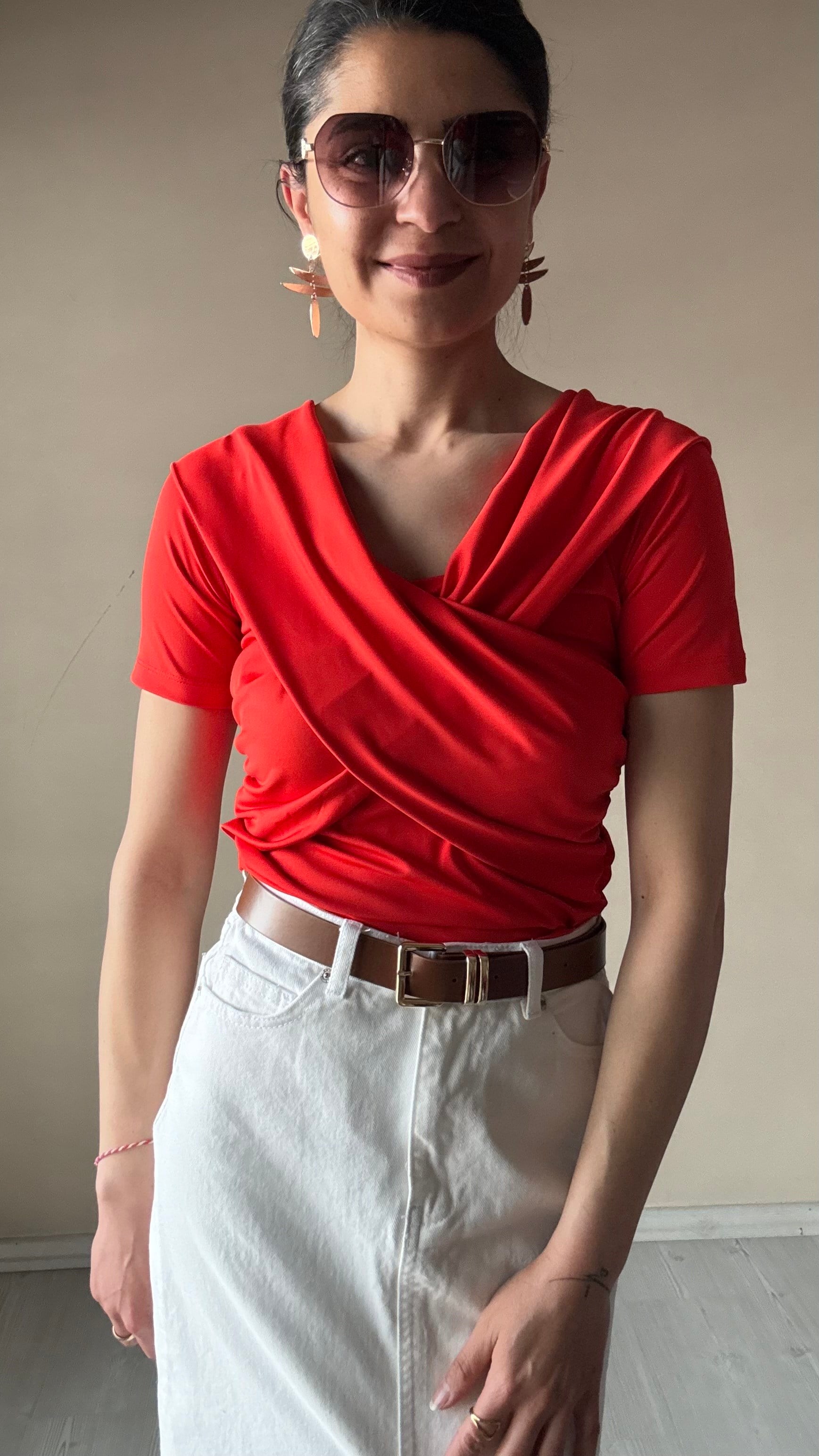 Nar çiçeği Kruvaze Yaka Kısa kol Bluz