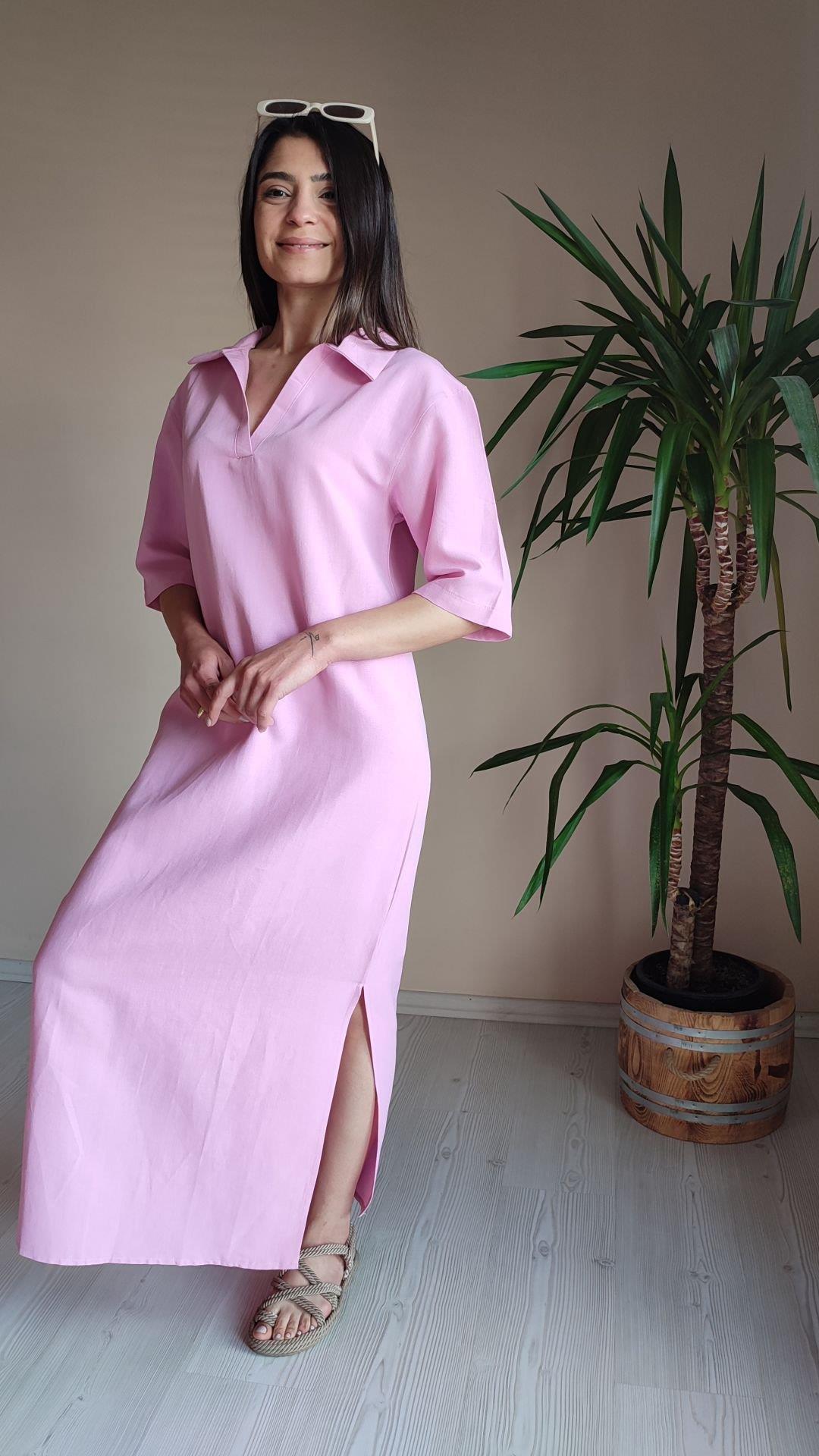 Pembe Keten gömlek yaka uzun Elbise