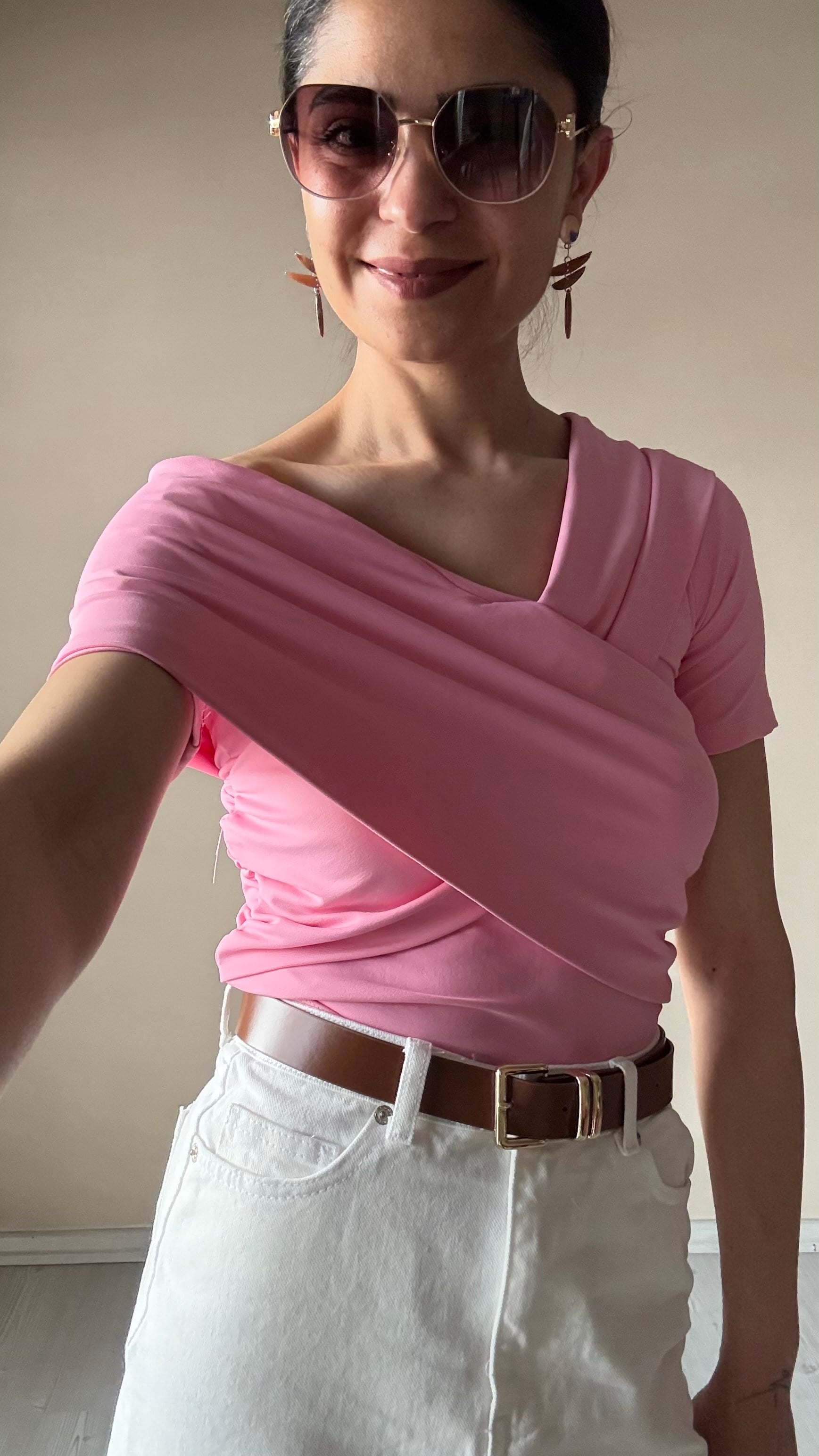 Pembe Kruvaze Yaka kısa Kol Bluz