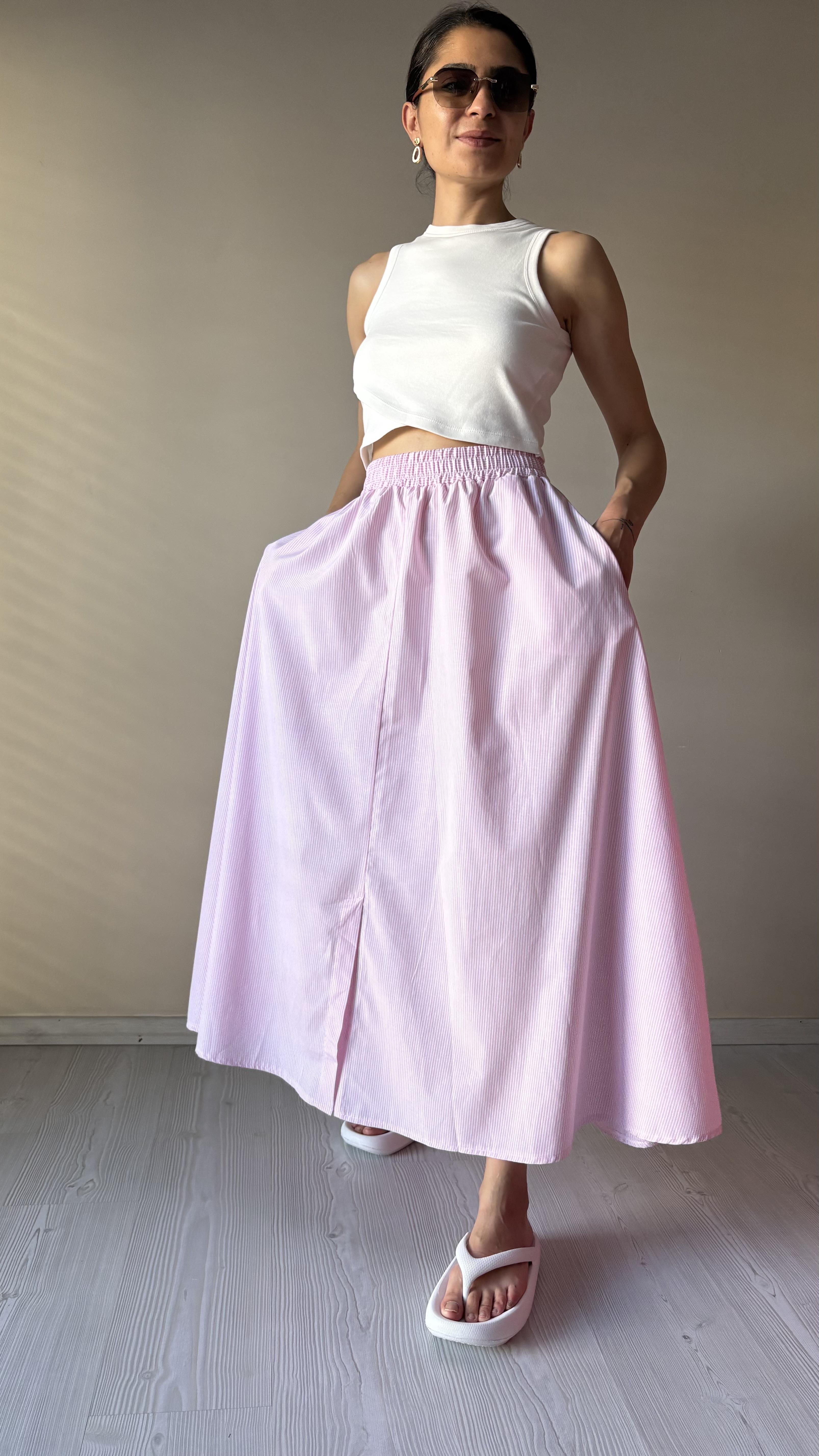 Pudra pembe Çizgili Uzun Etek