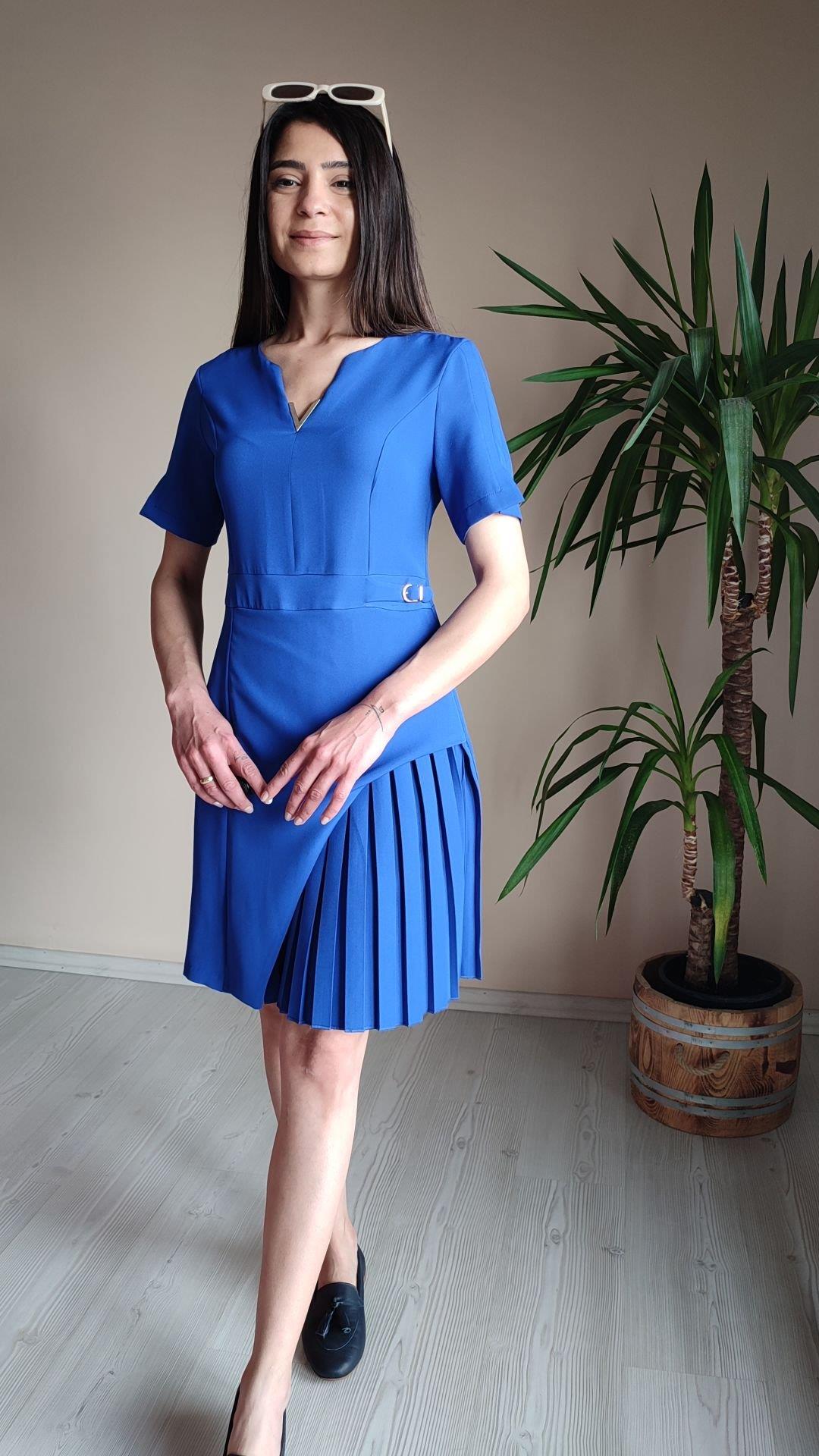 Saks mavi plise kısa kol Elbise