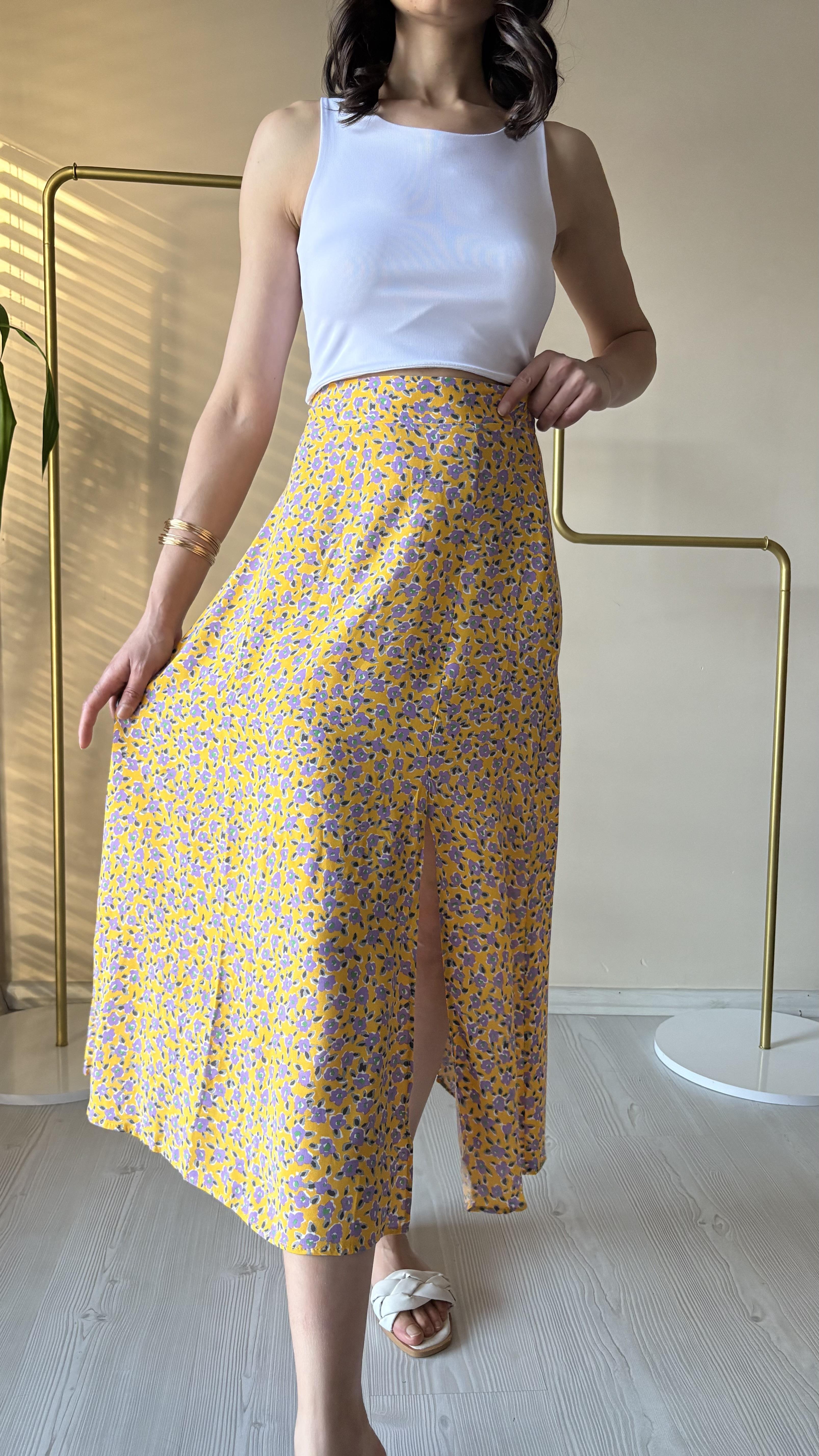 Sarı Çiçek Desen Dokuma Viskon Midi Etek