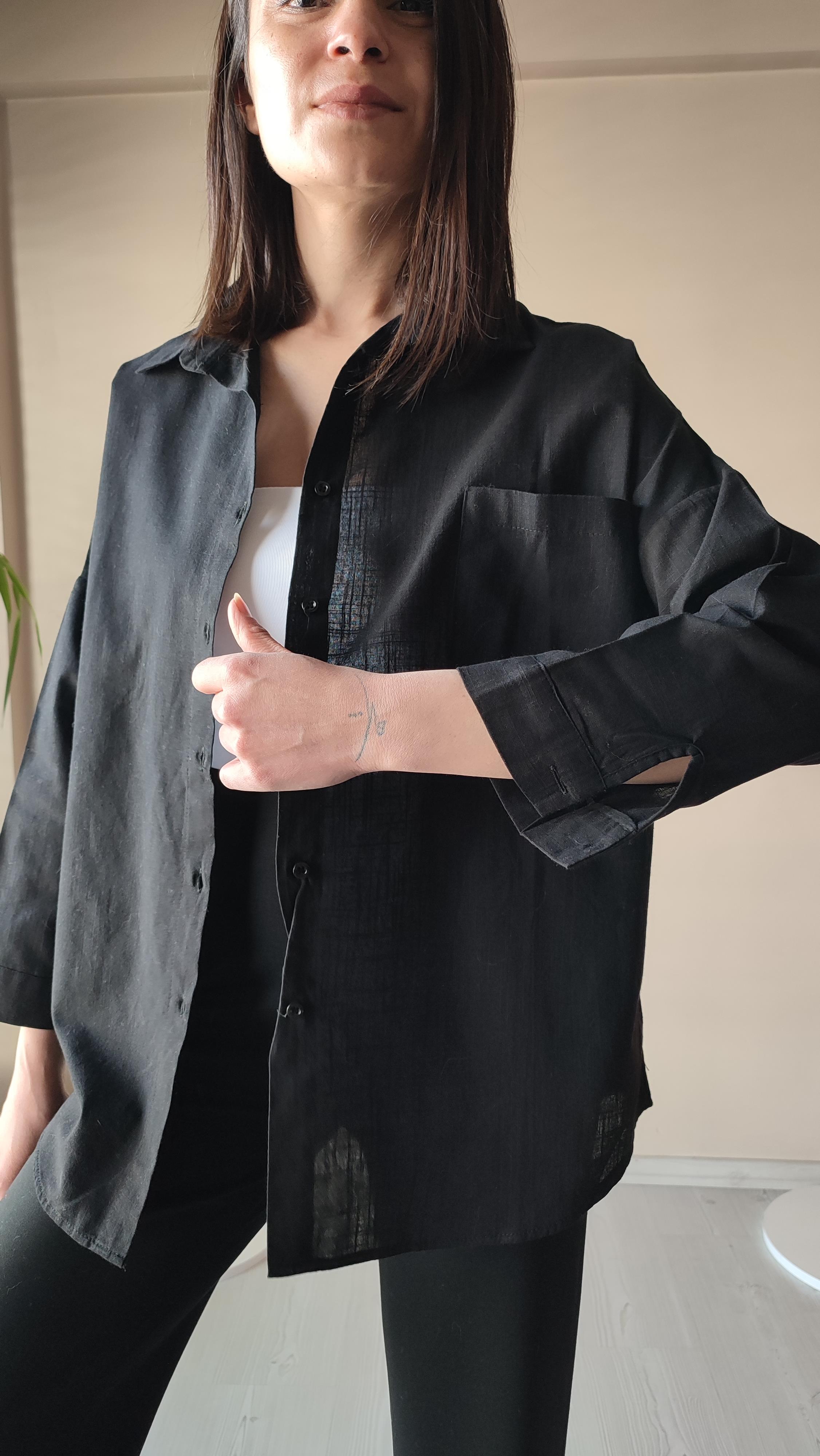 Siyah oversize Keten Gömlek 