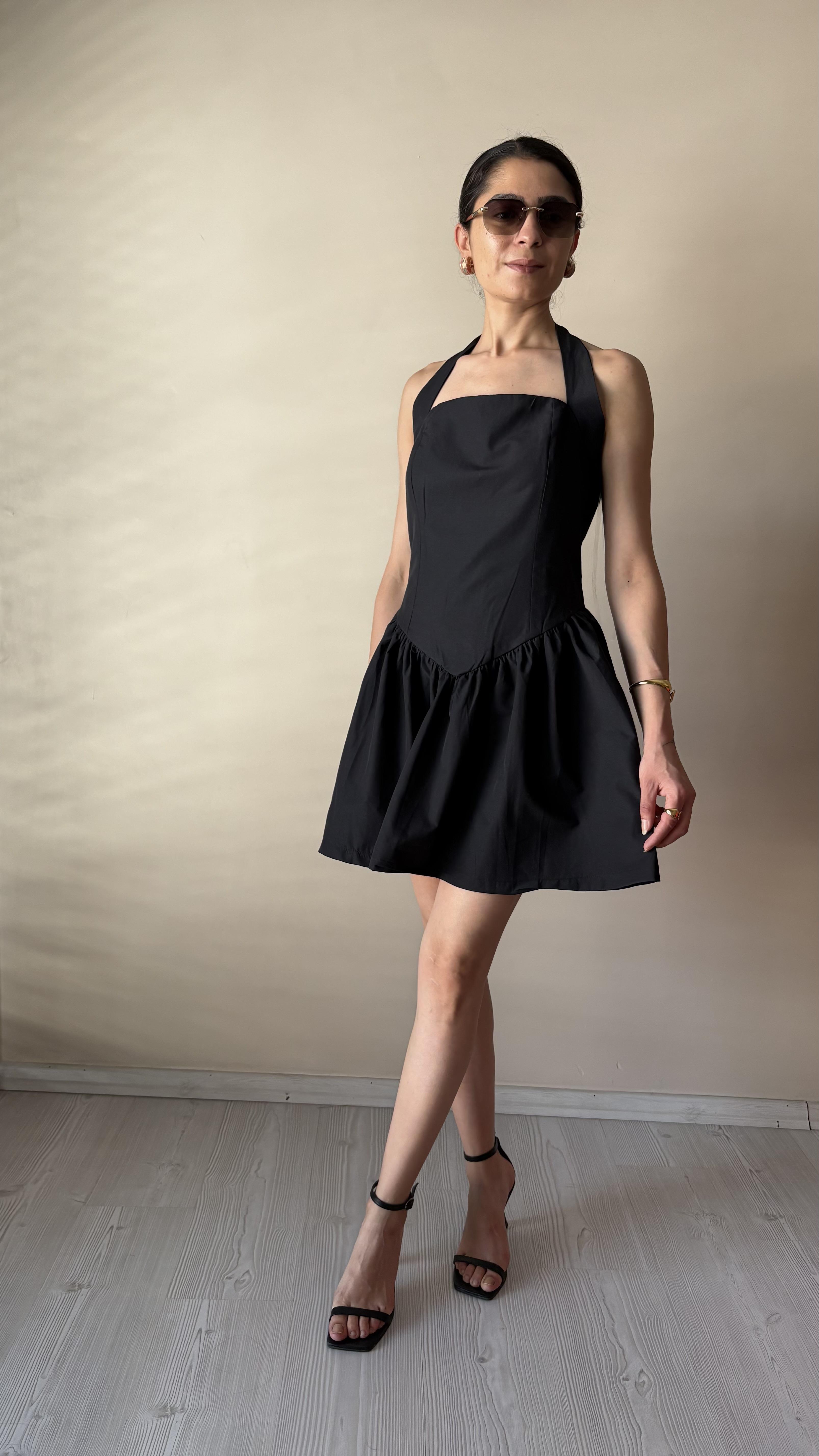 Siyah Poplin Boyundan Bağlamalı Elbise 