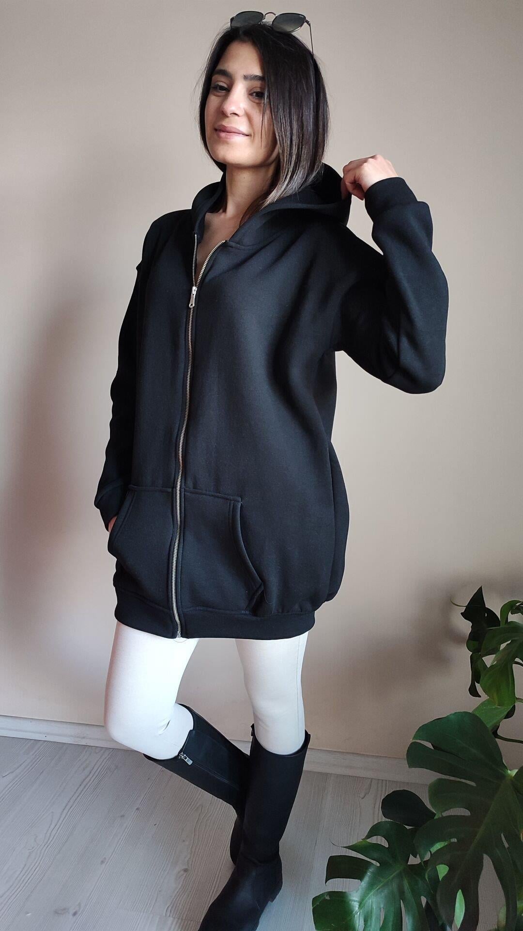 Siyah üç iplik şardonlu kapşonlu oversize sweat ceket