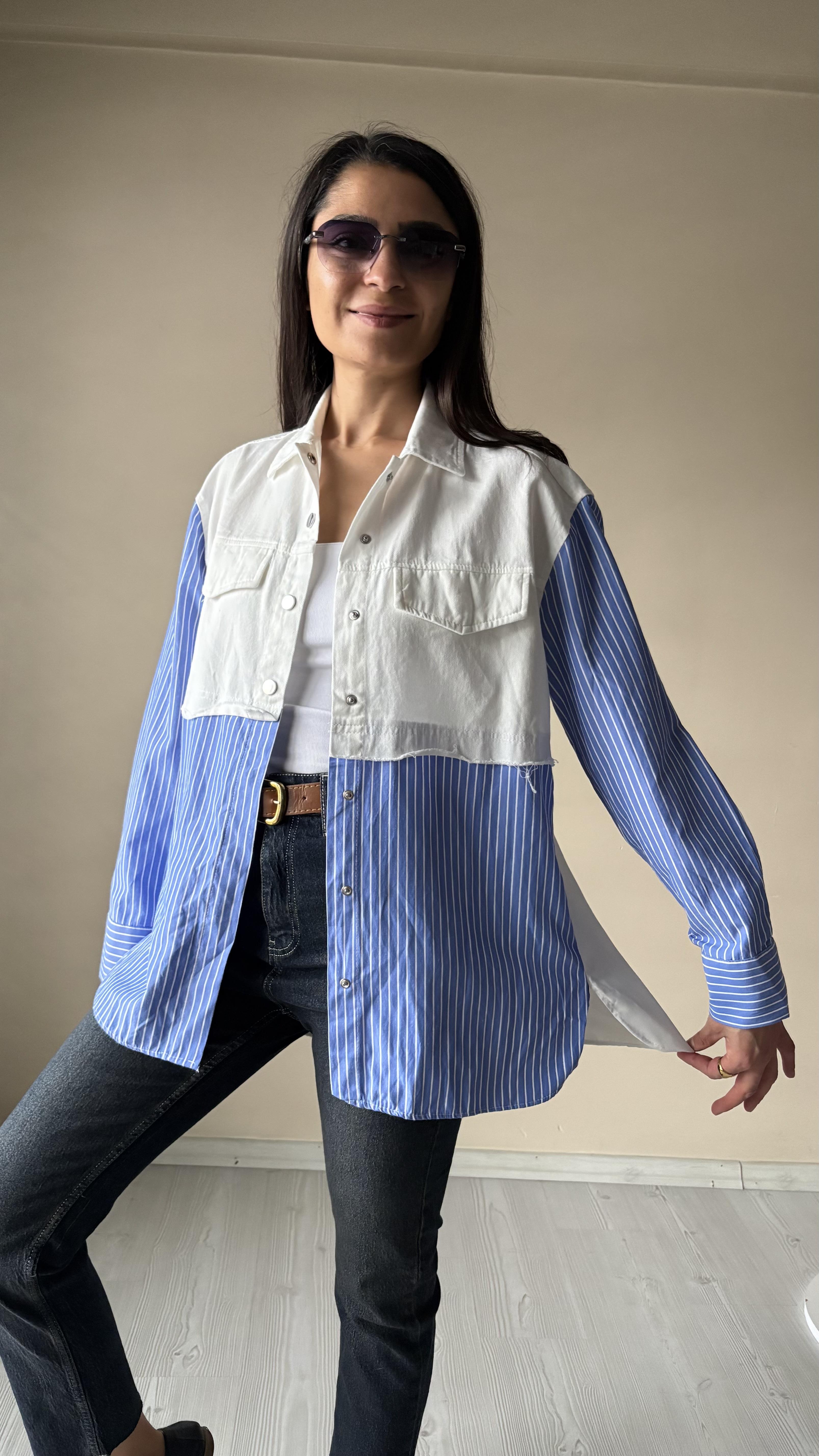 Tasarım Gabardin & çizgili poplin Gömlek Ceket