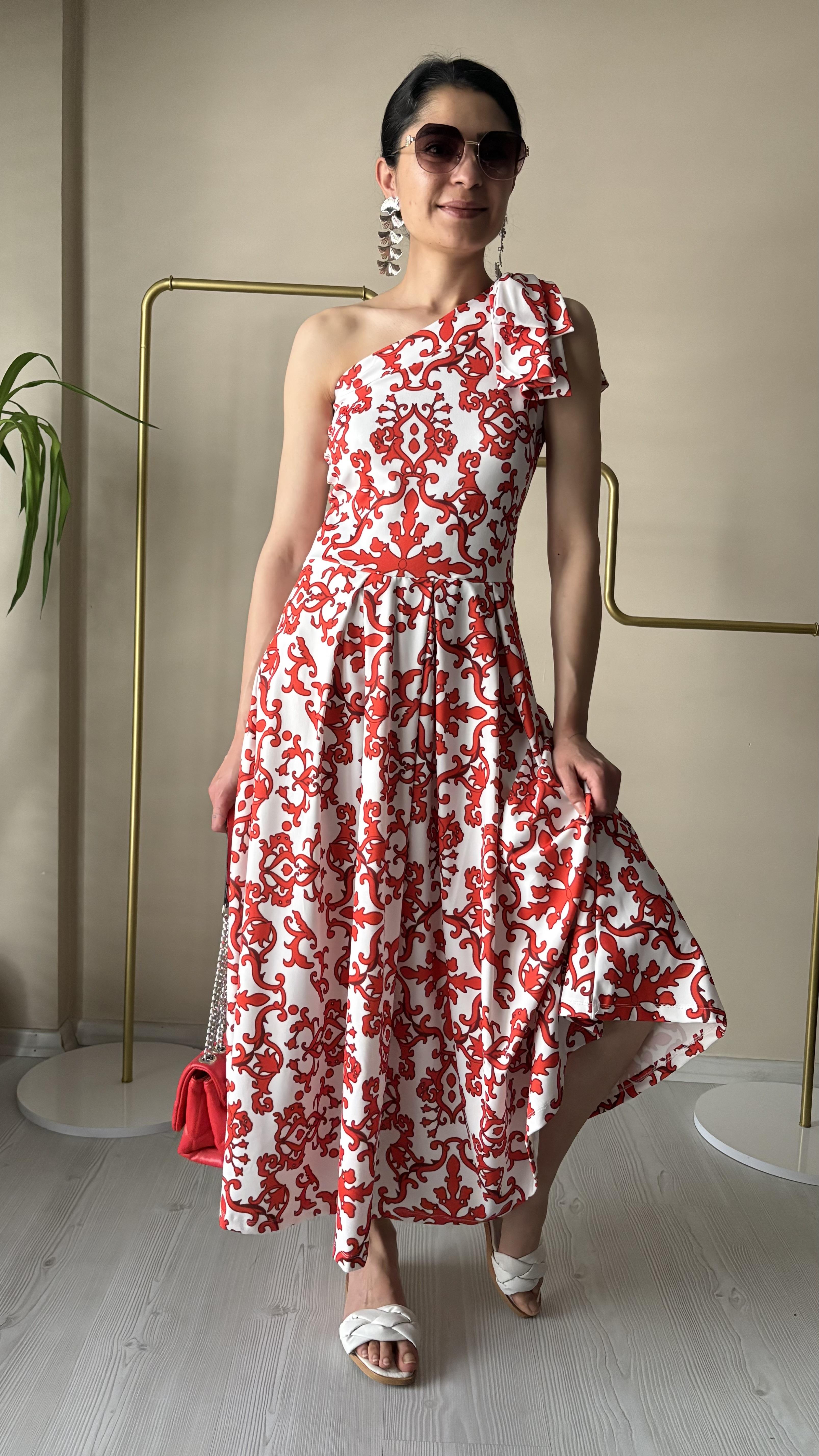 Tek Omuz Desenli Elbise