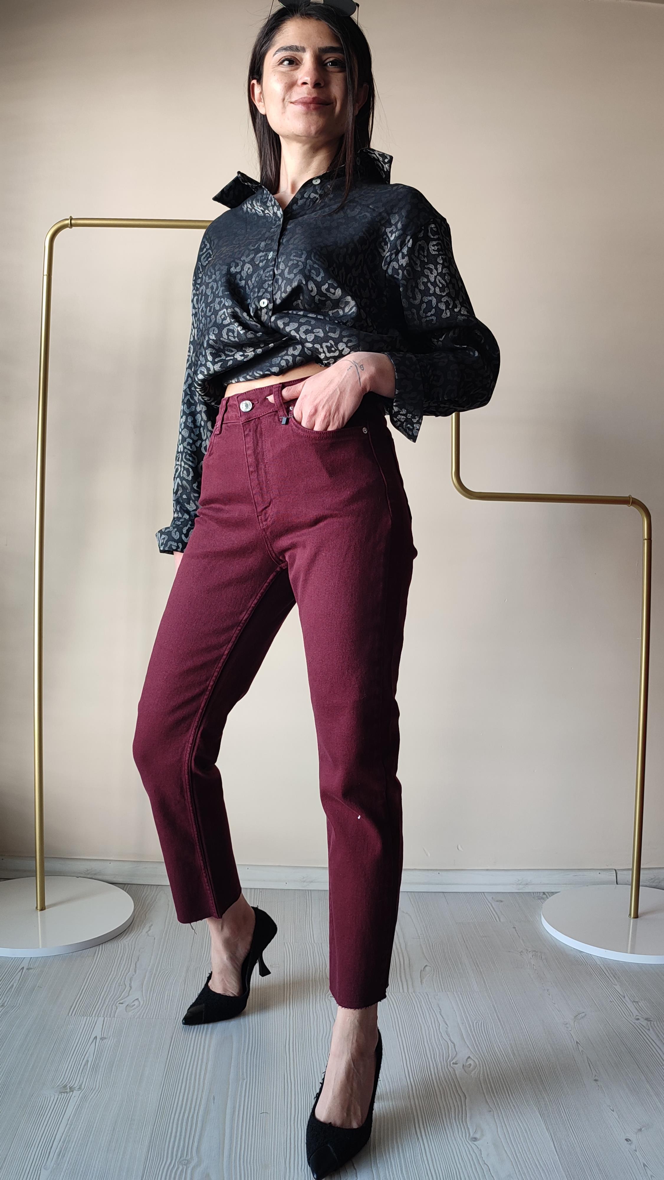 X love Bordo Lazer kesim Slim mom Jean 