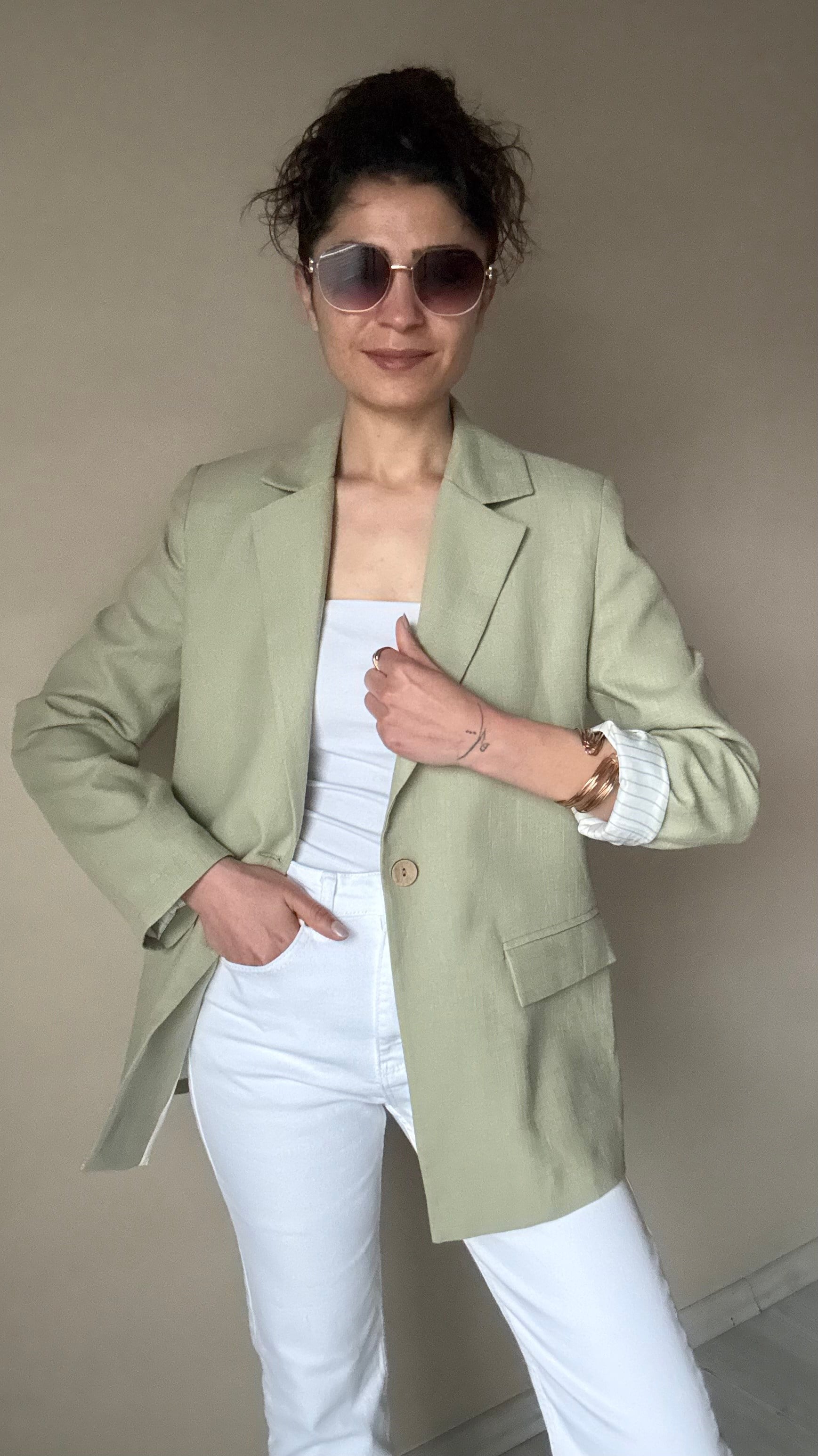 Yaşil Keten Çizgi Astar Blazer Ceket
