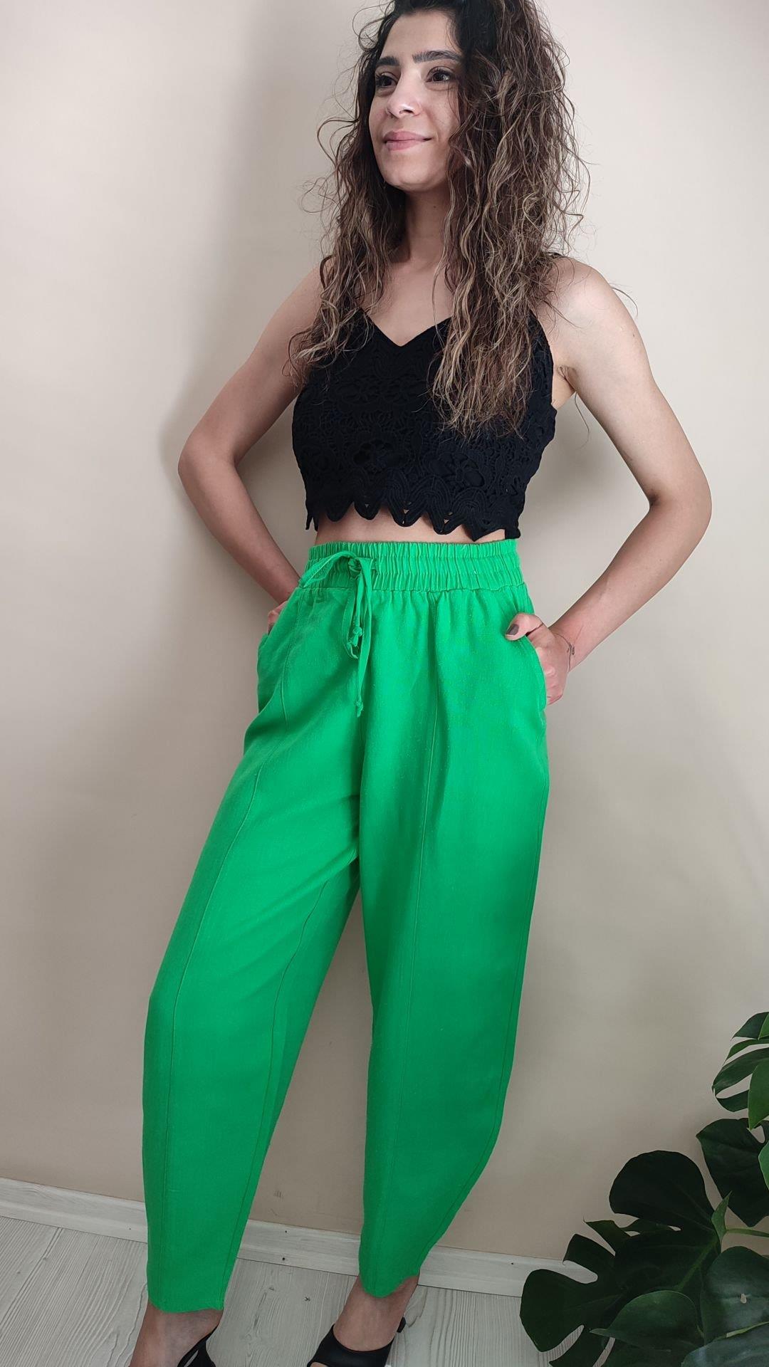 Yeşil keten balon pantolon