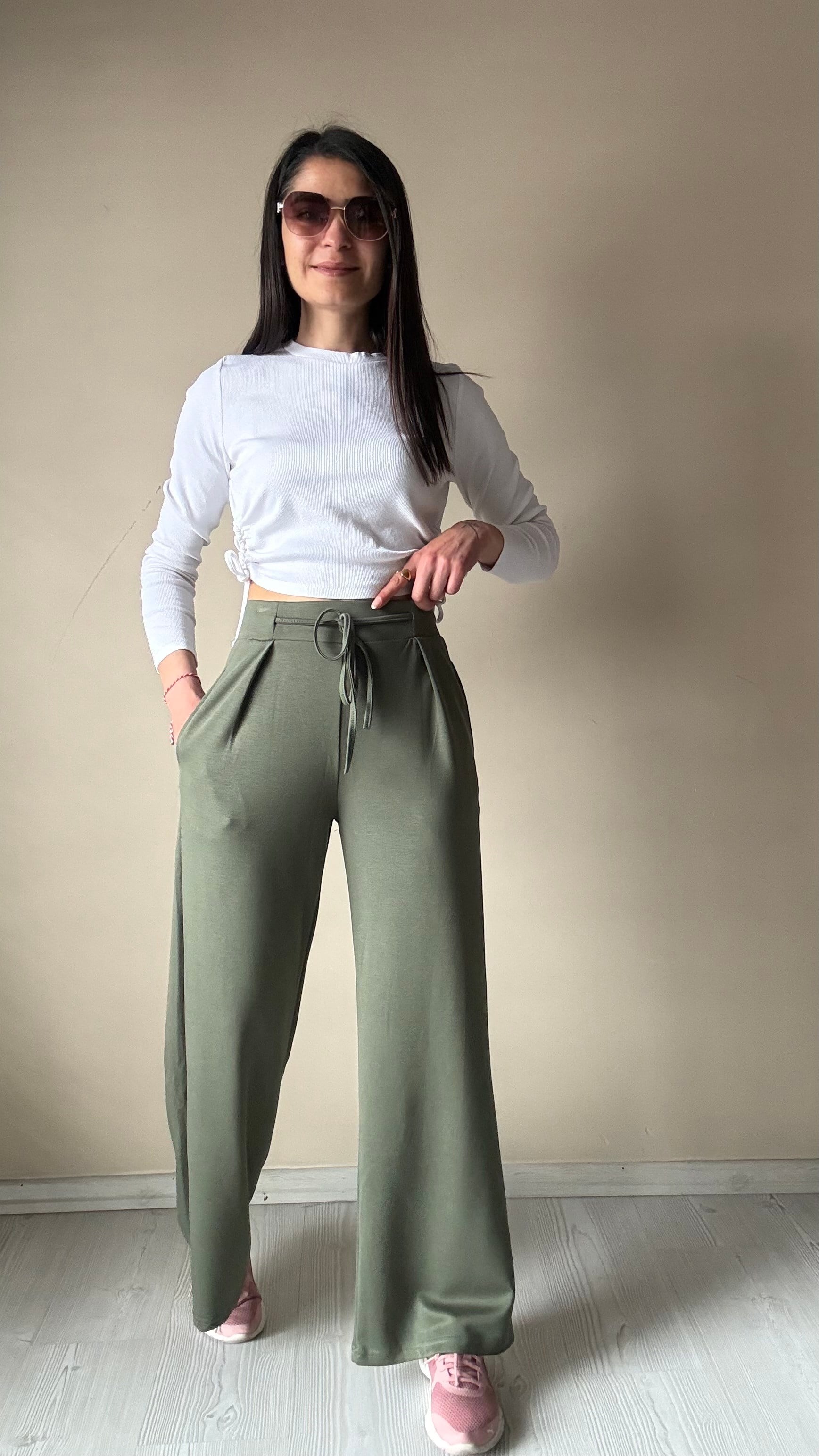 Yeşil Modal Bel Büzgülü Pantolon 