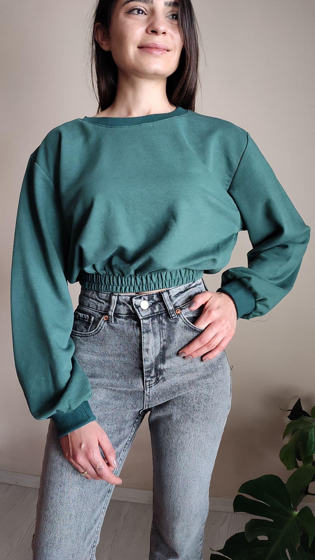 Zümrüt yeşil Basic crop üç iplik sweat