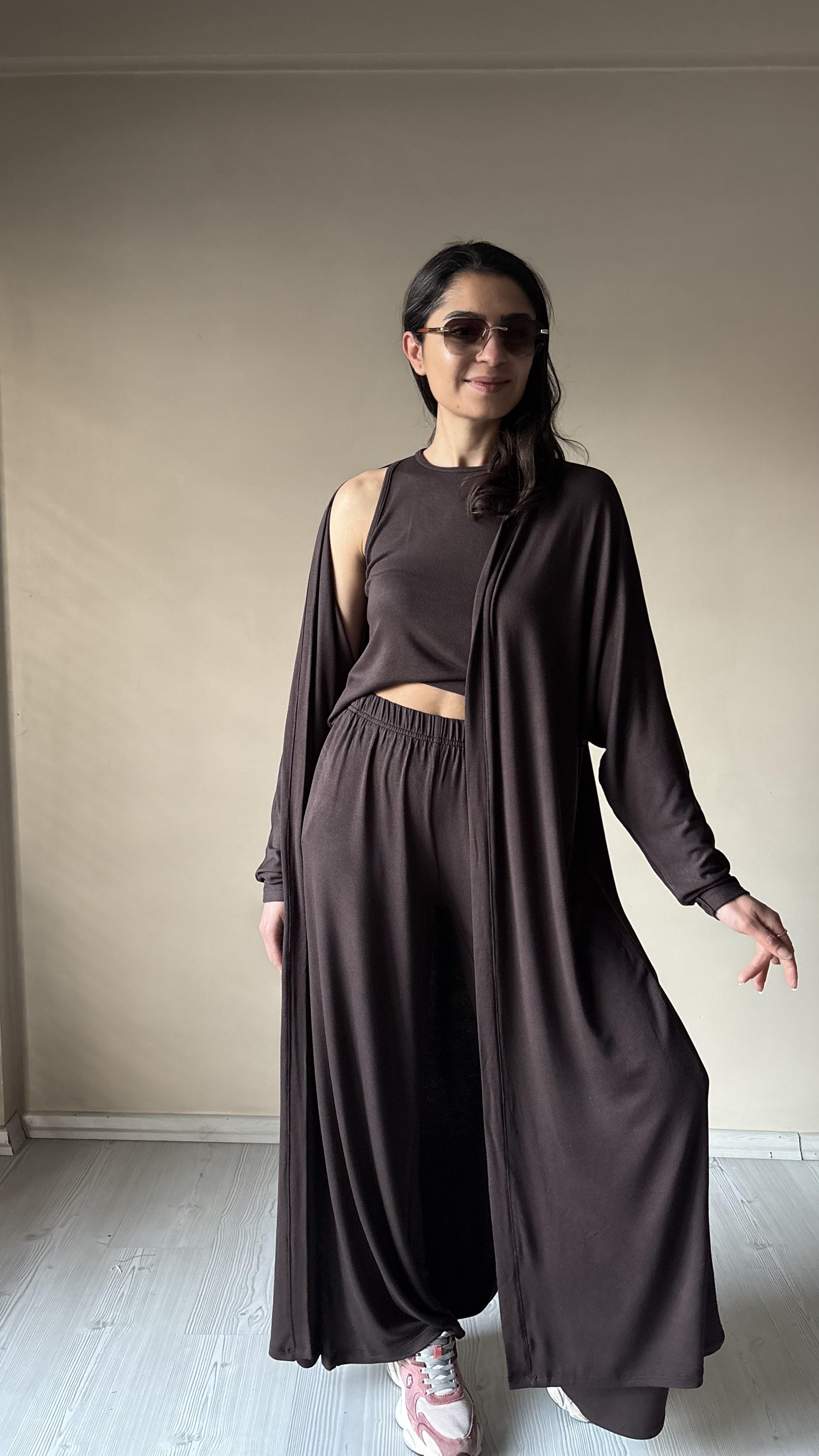 3'lü Likralı Merserize Kahve Takım