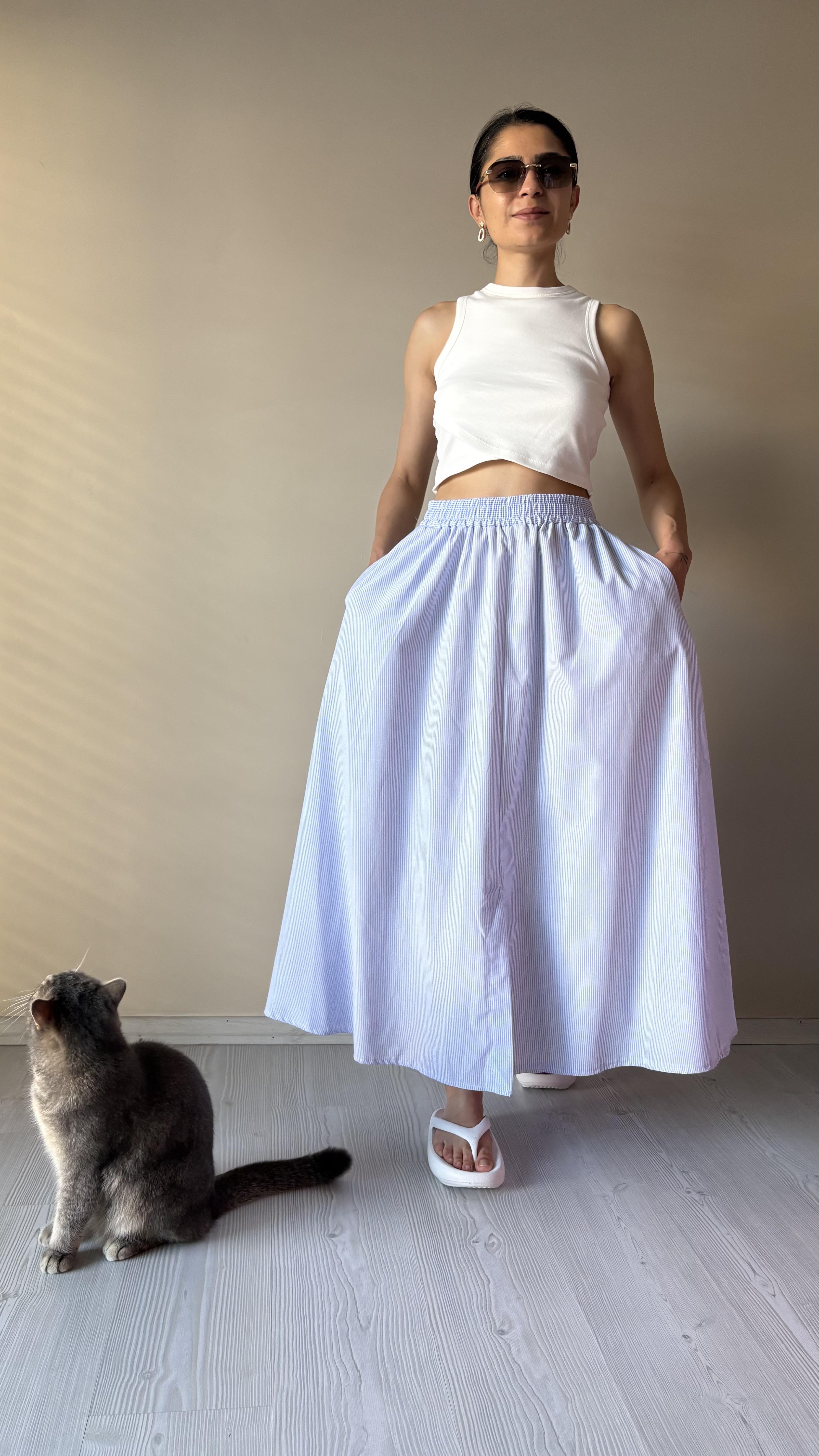 Açık mavi Çizgili uzun Etek