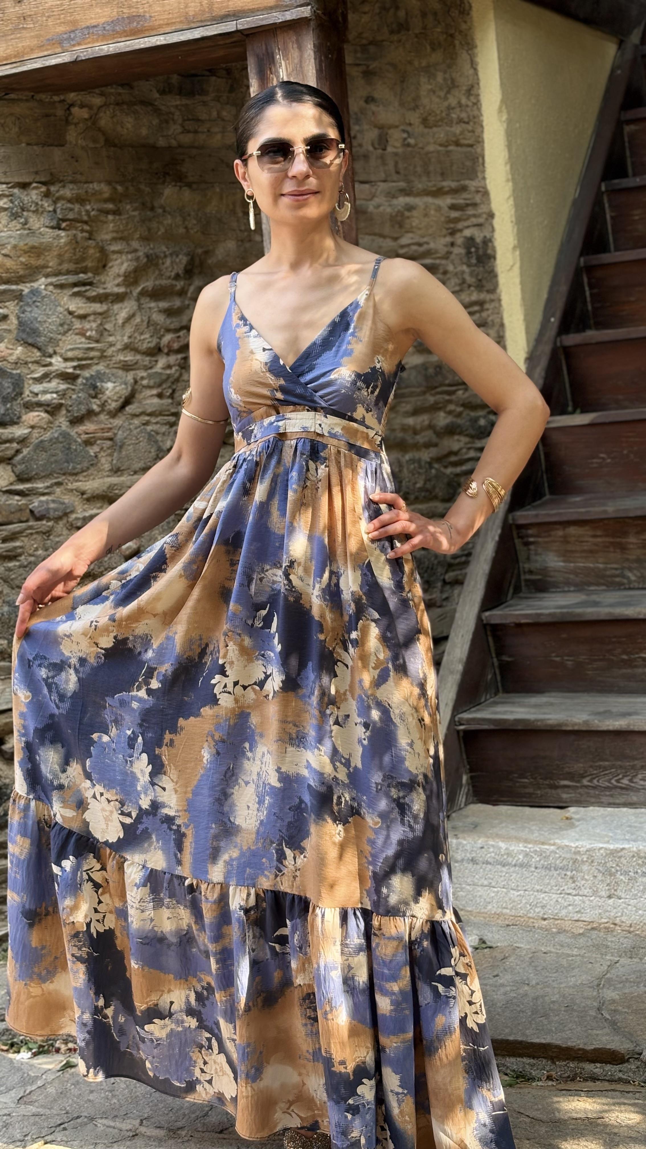 Askılı mavi Desenli Elbise 