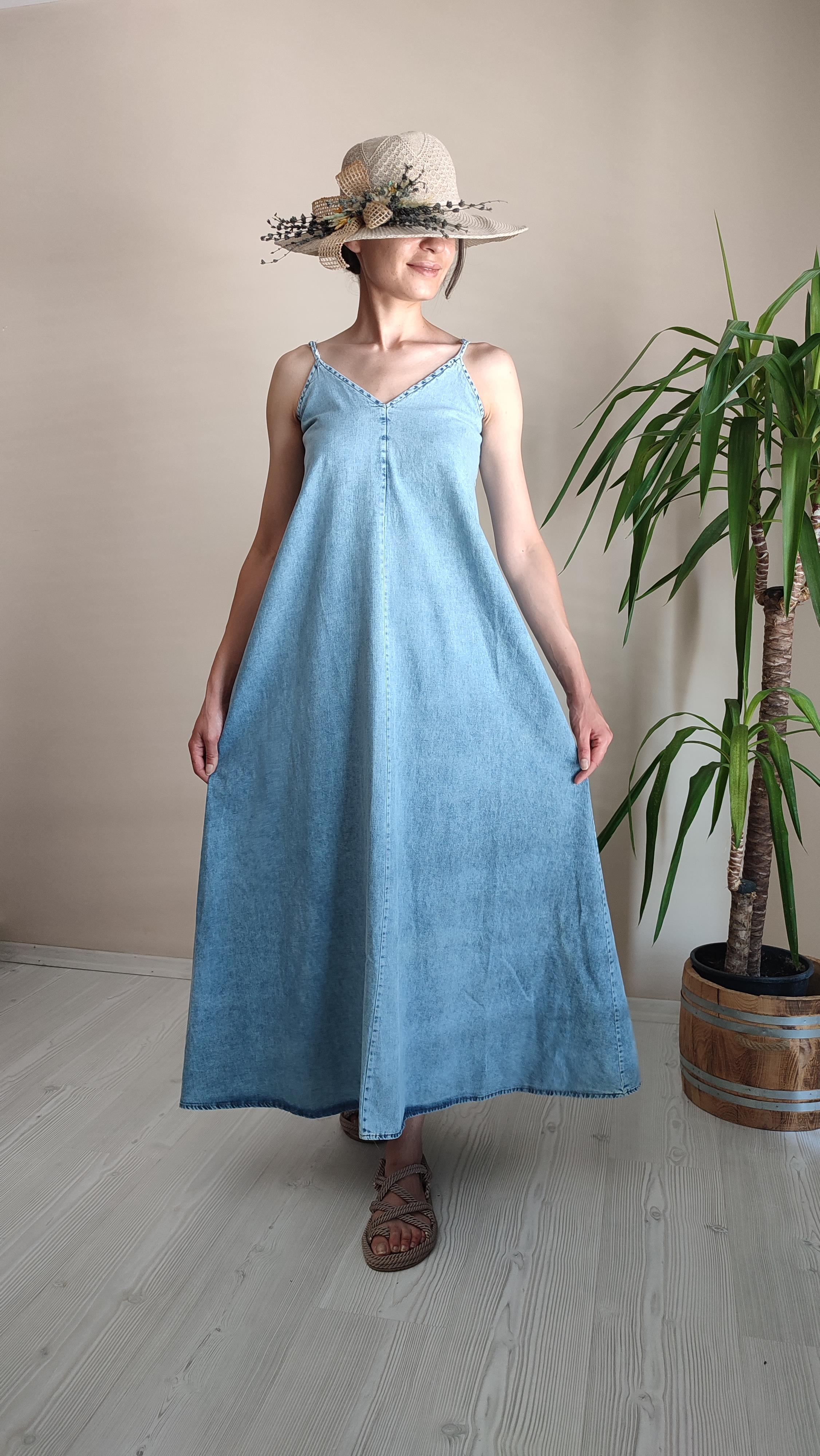 Askılı Tensel Jean Elbise 