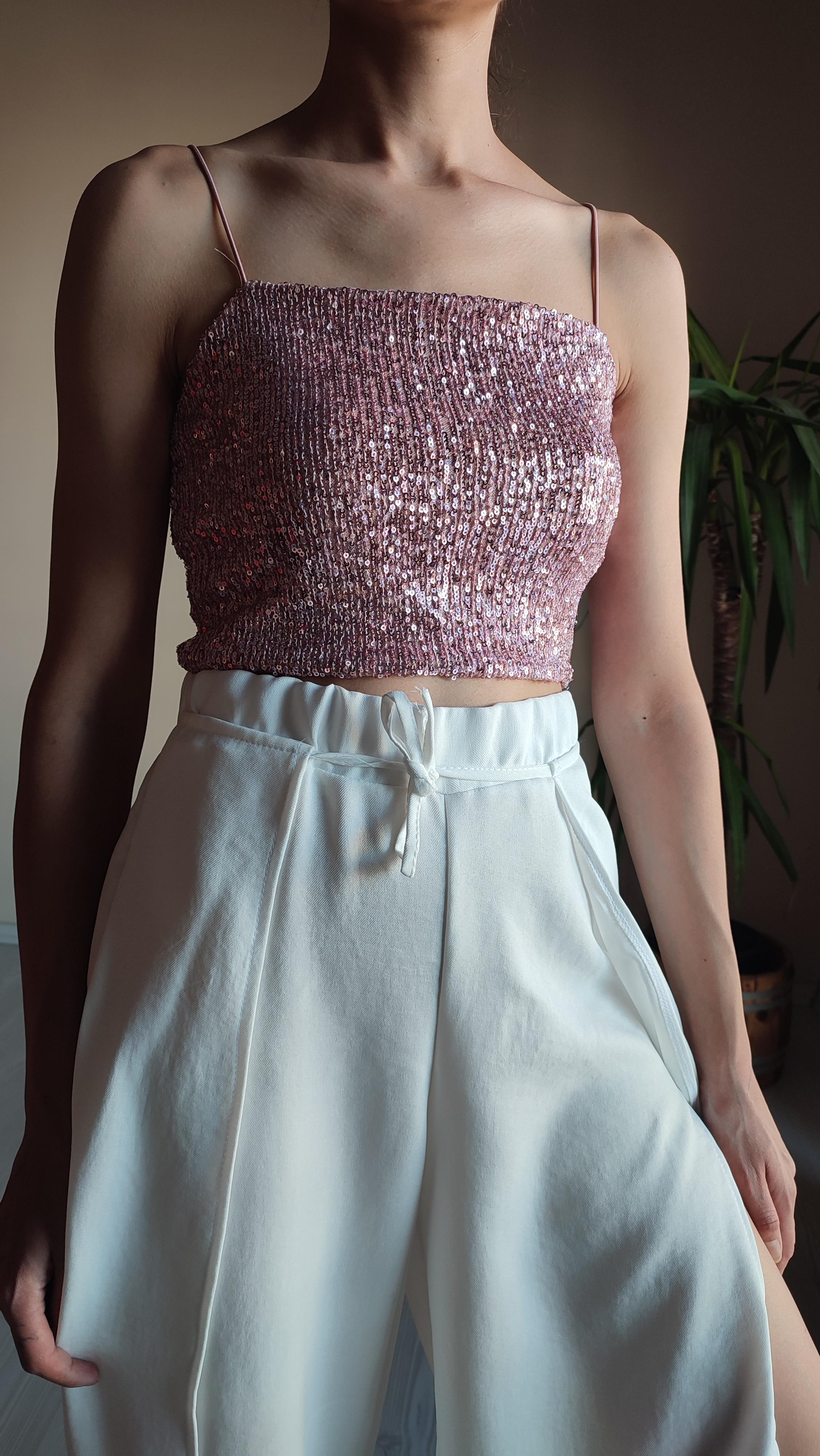 Bebe plus Pembe pul payet spagetti askılı croptop 