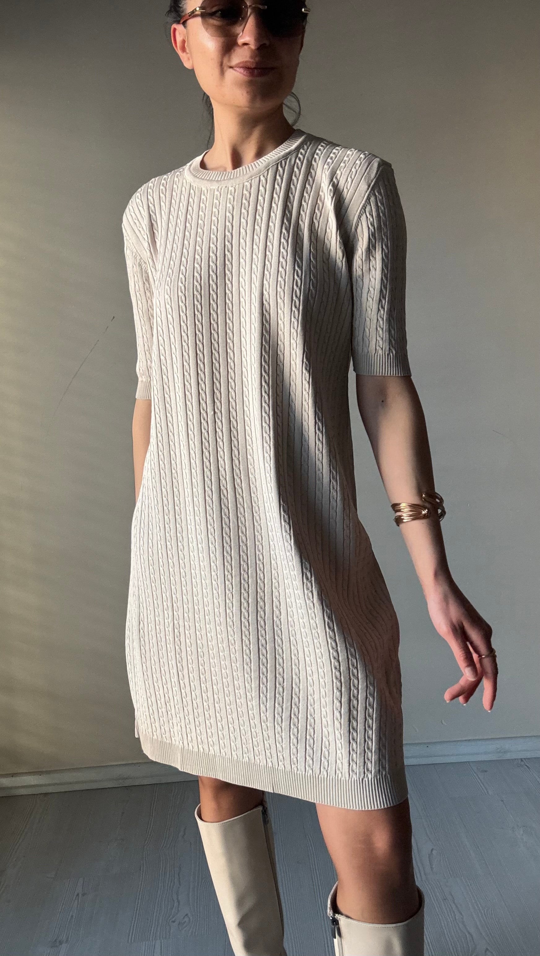 Bej Yarım Kol Merserize Elbise