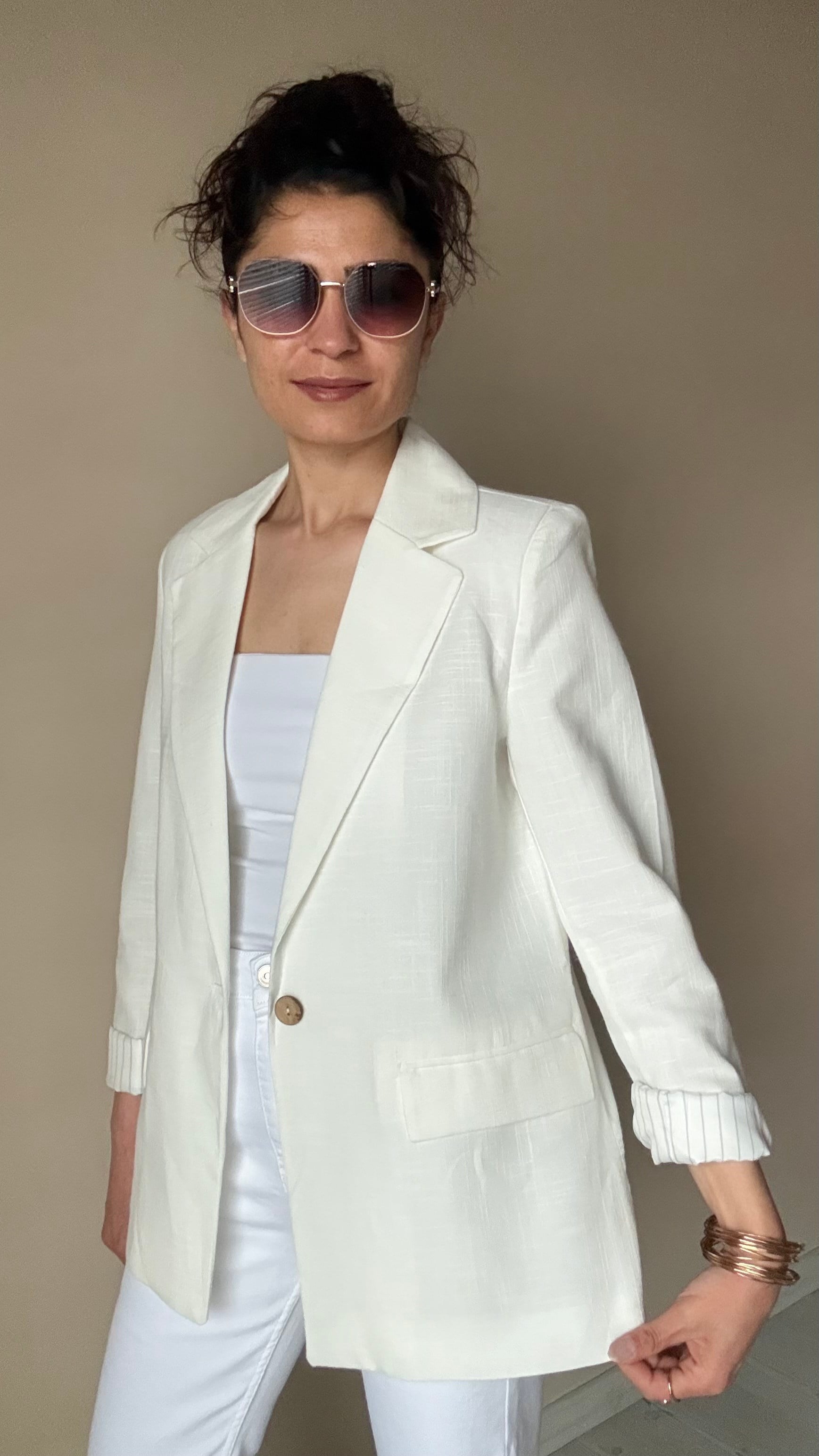 Beyaz Keten Çizgi Astar Blazer Ceket