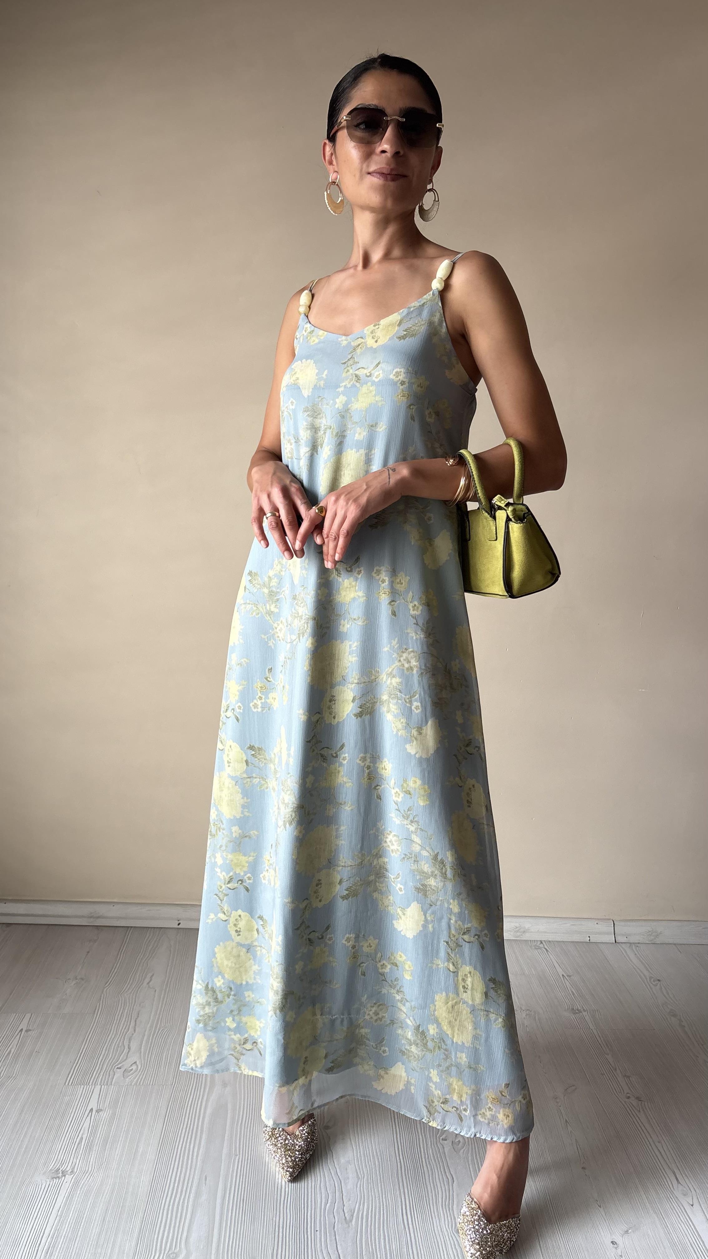 Boncuk askılı uzun Şifon Elbise