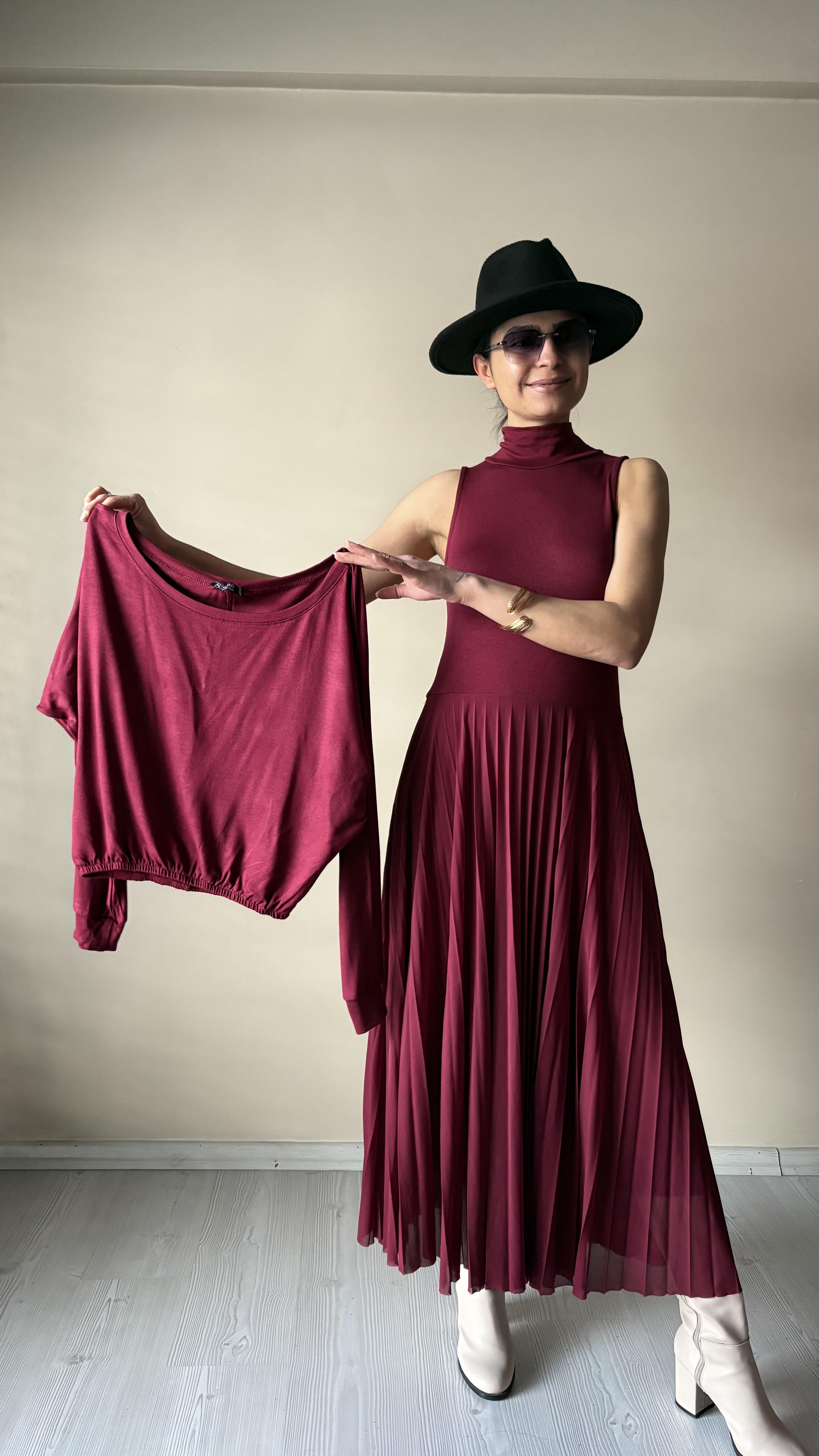 Bordo Ateş pile 2'li Merserize Elbise 