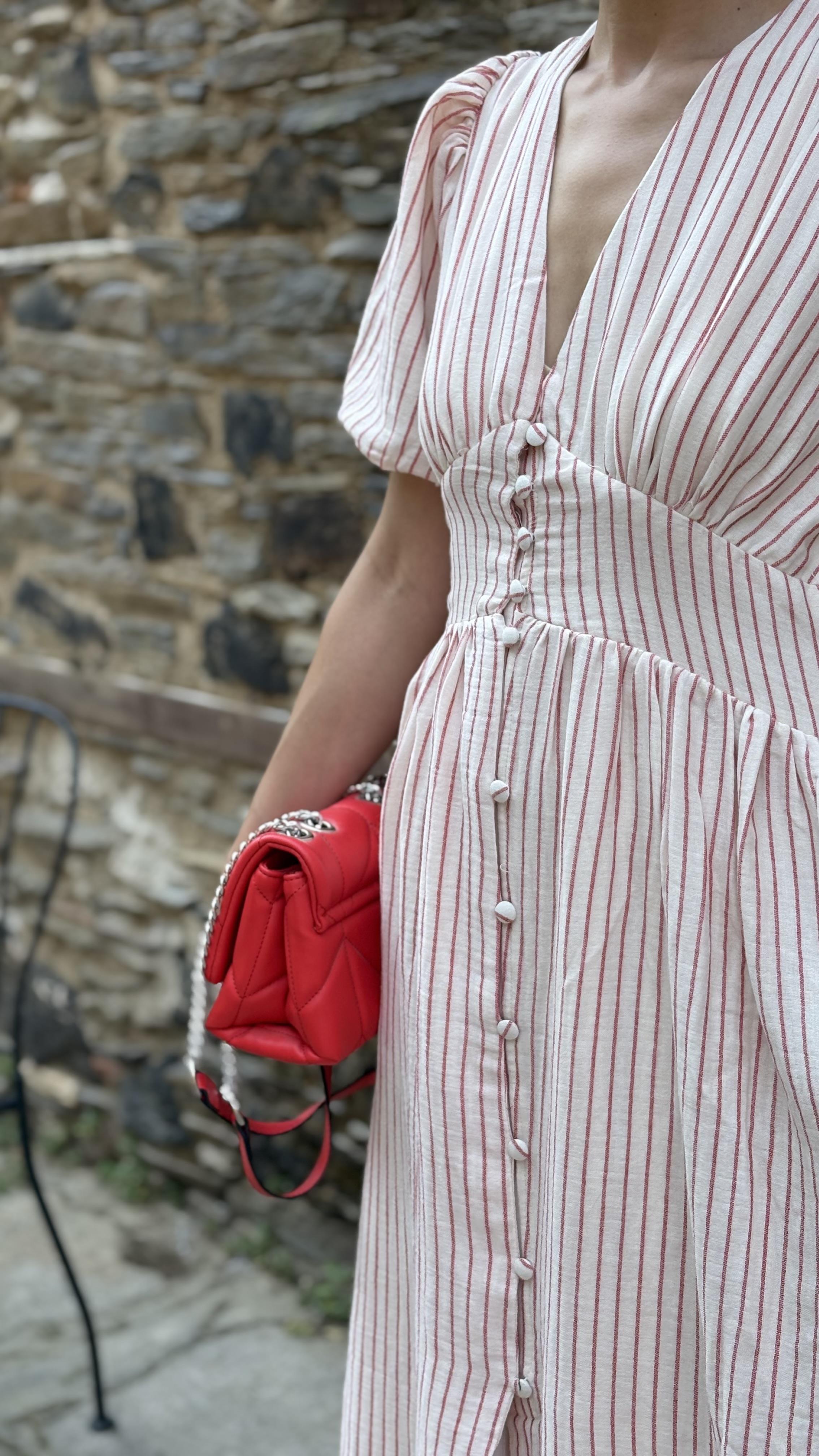 Bordo Çizgili Astarlı Keten Elbise 