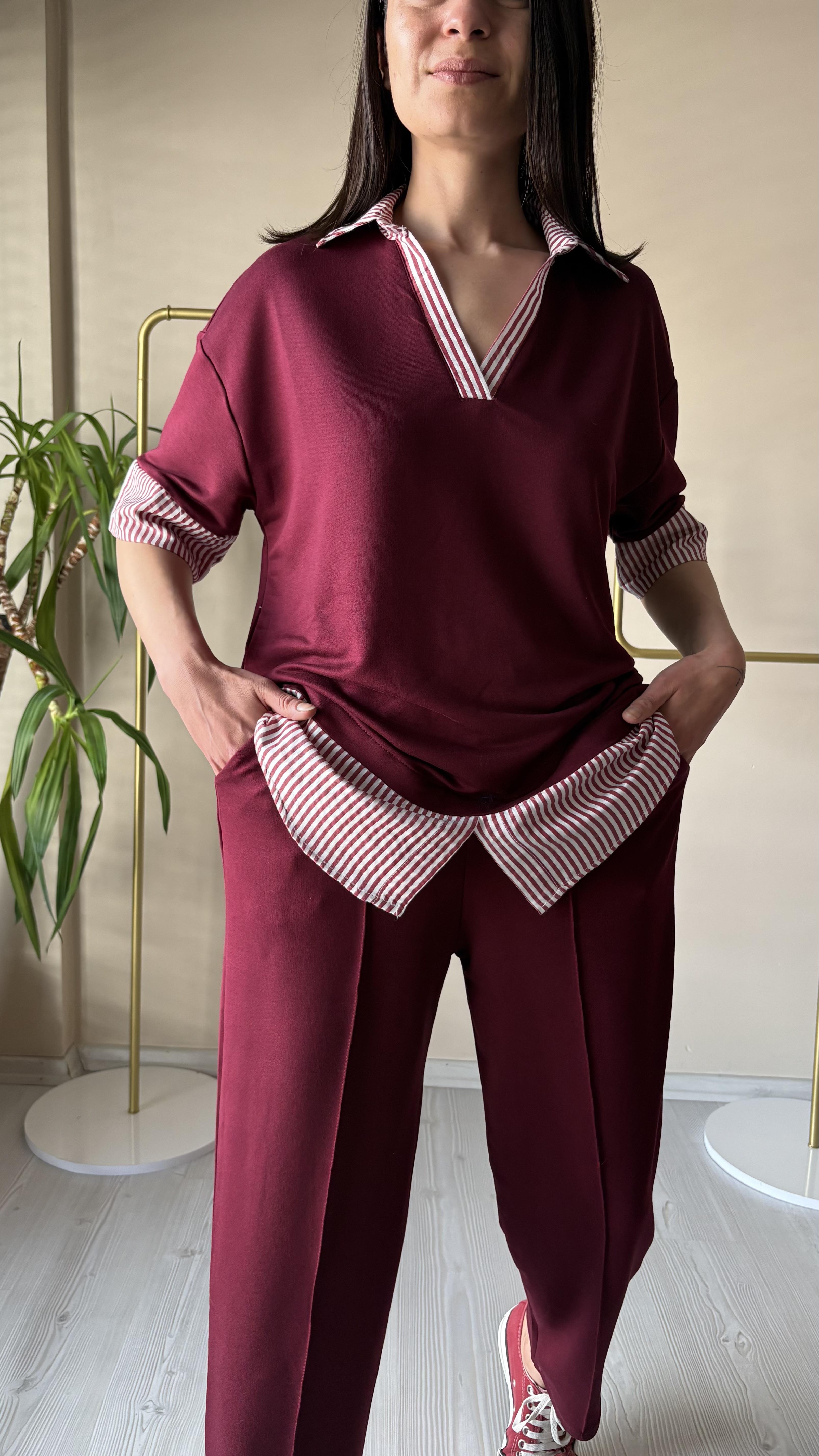 Bordo Çizgili Gömlek Garnili Takım