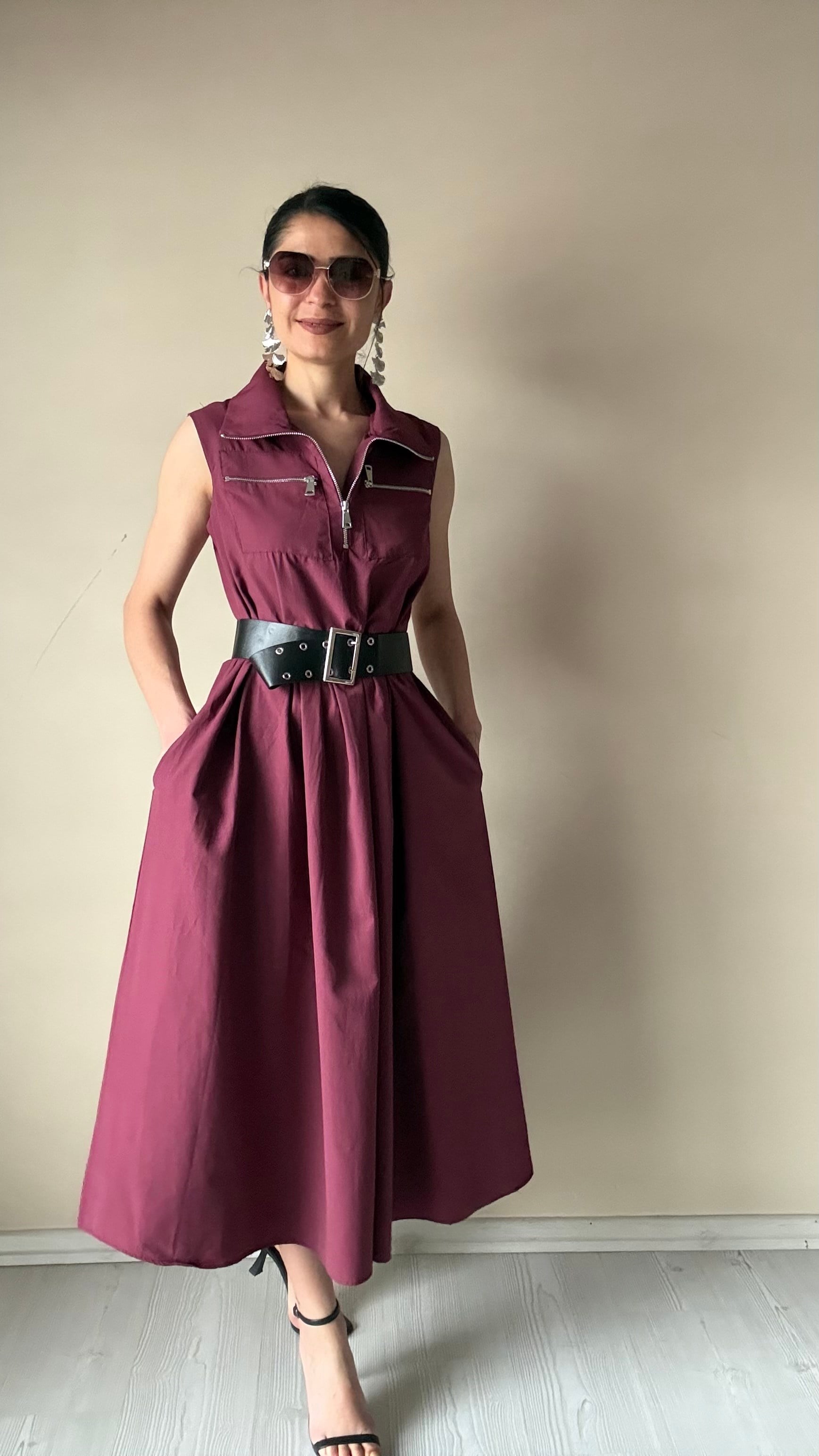 Bordo Kemerli Pamuklu Poplin Elbise