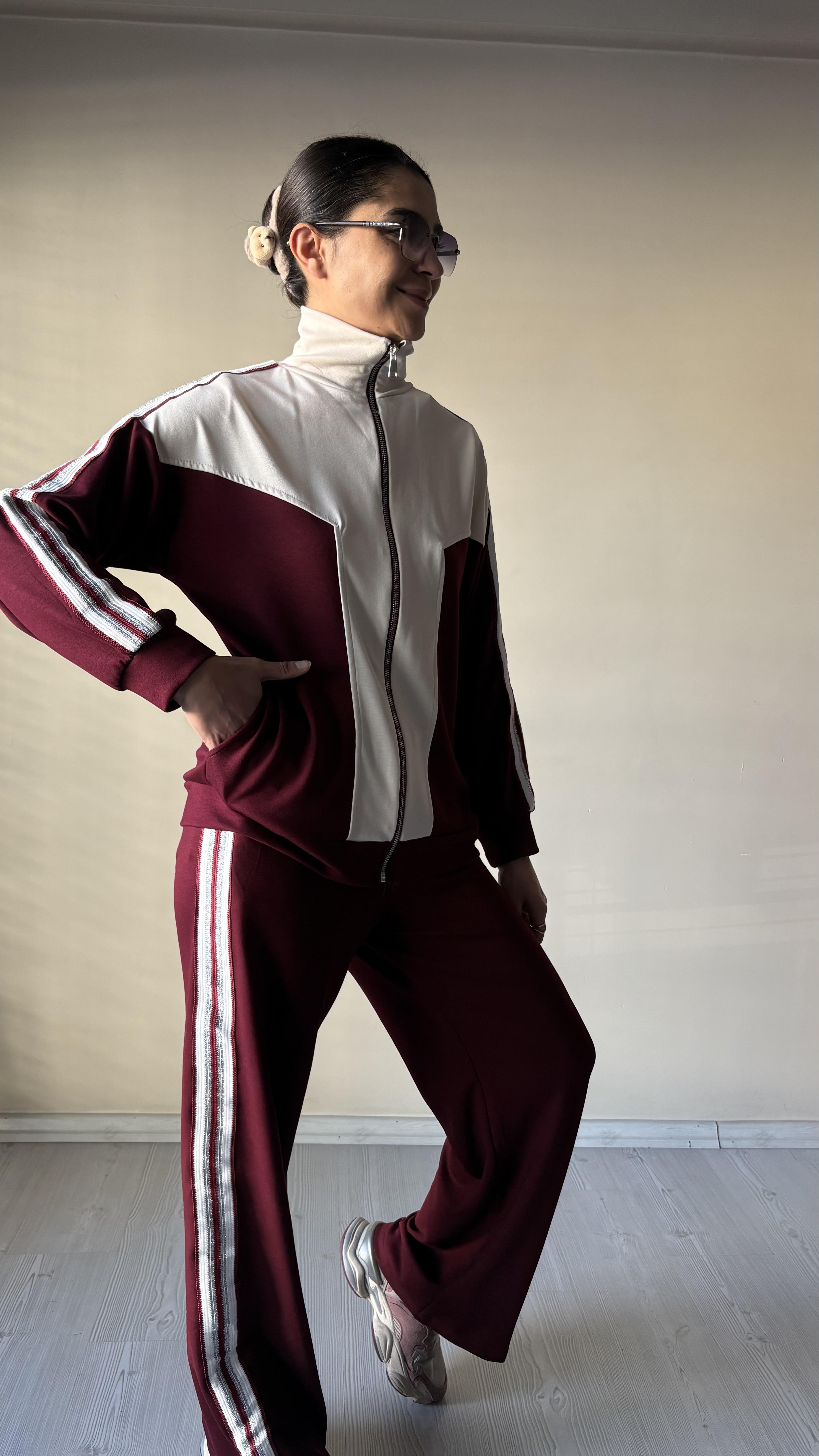 Bordo Modal simli Yan şerit detaylı Takım