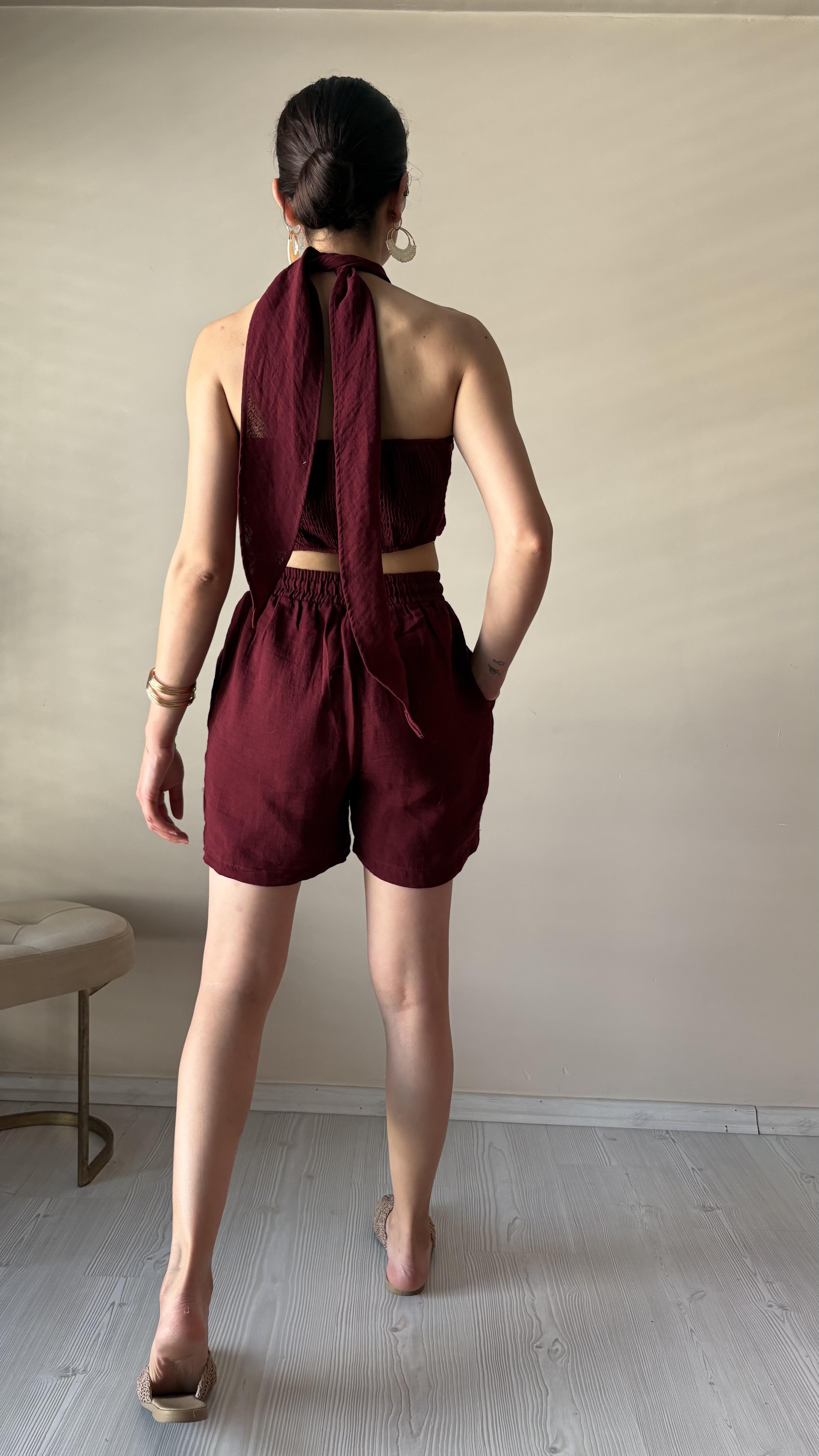 Bordo Müslin Şortlu Takım