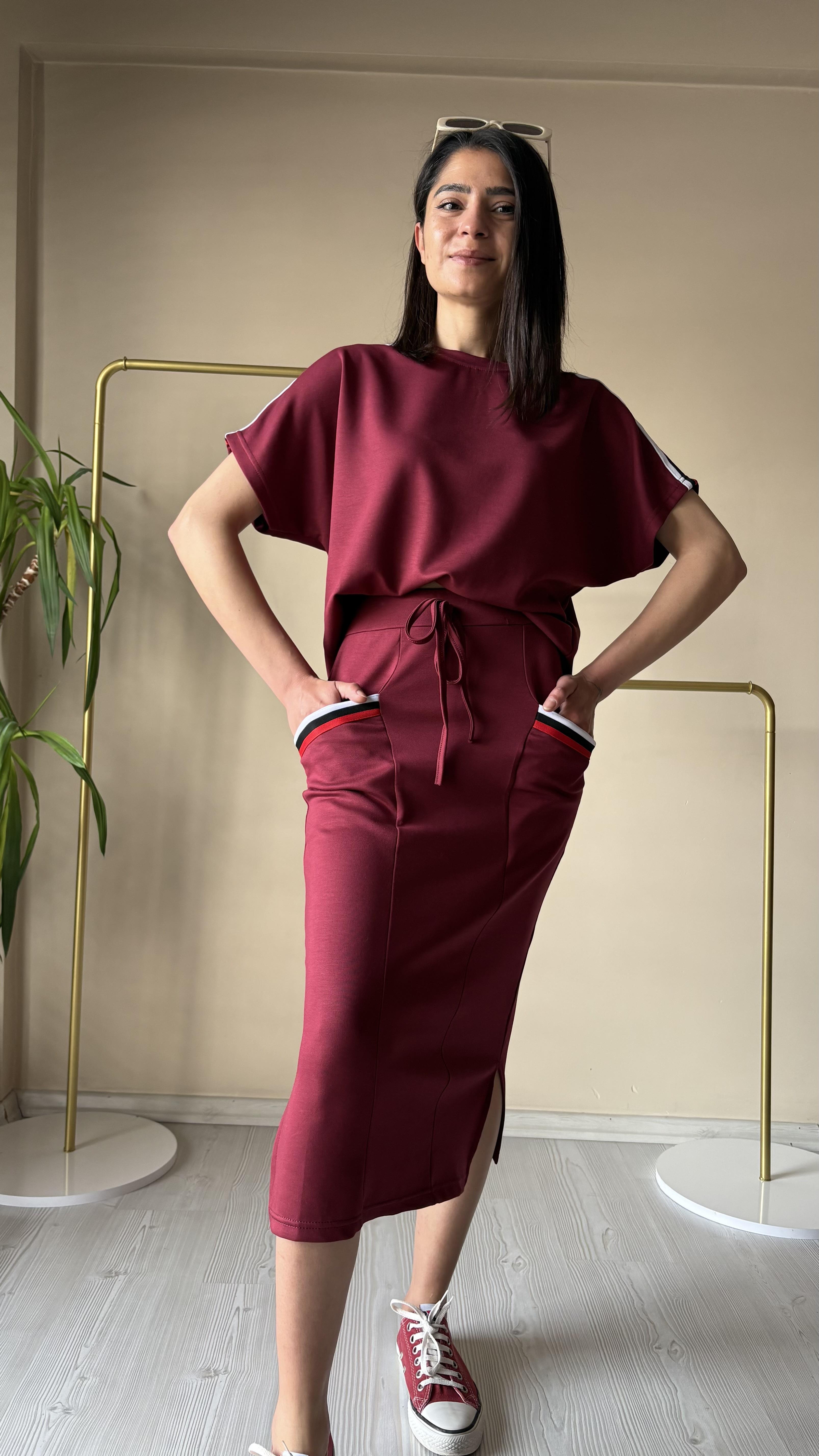 Bordo Şerit Detay Etekli Takım