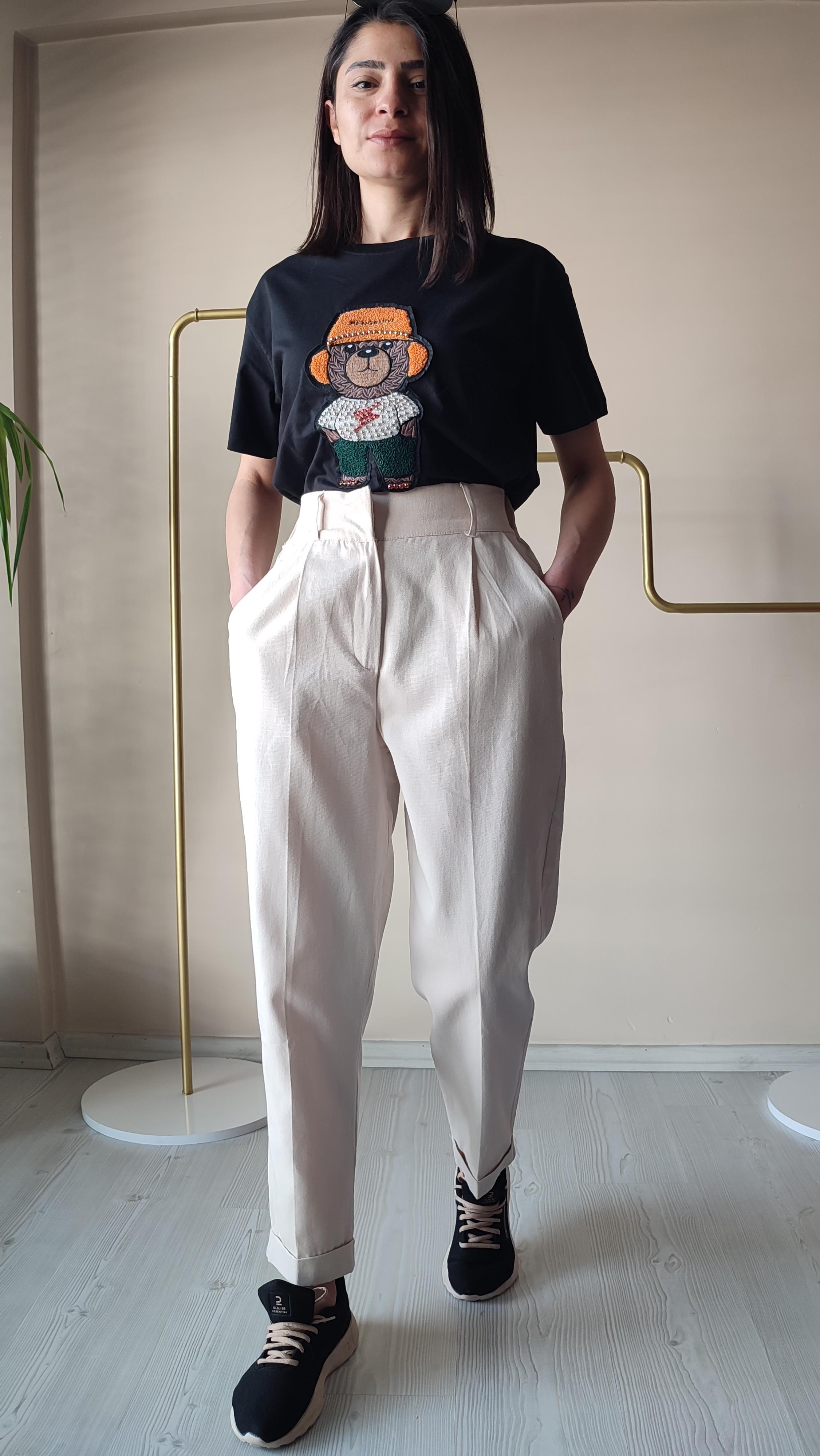 Ekru bel lastikli pamuklu pantolon 