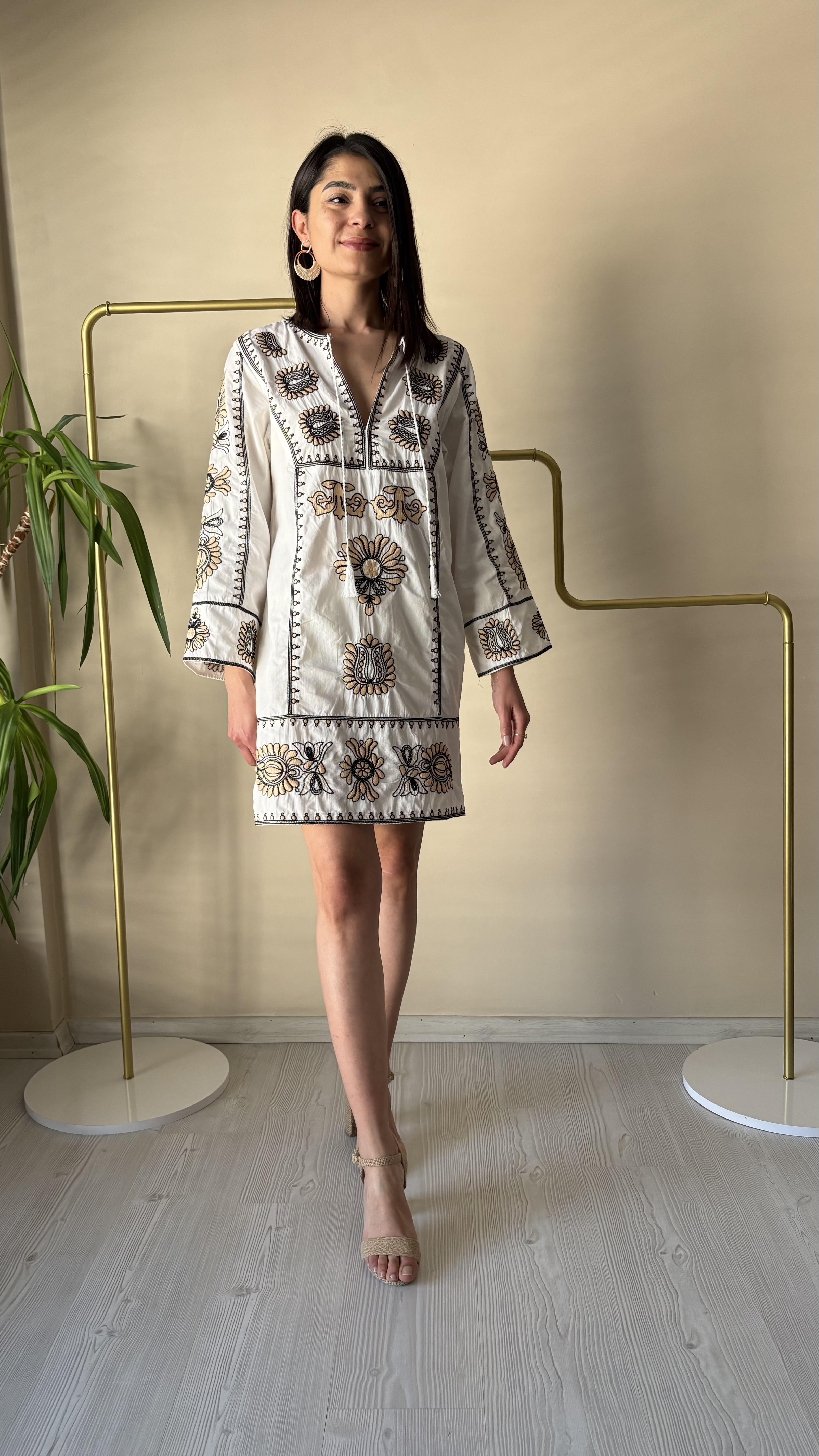 Etnik Nakışlı pamuklu keten Elbise