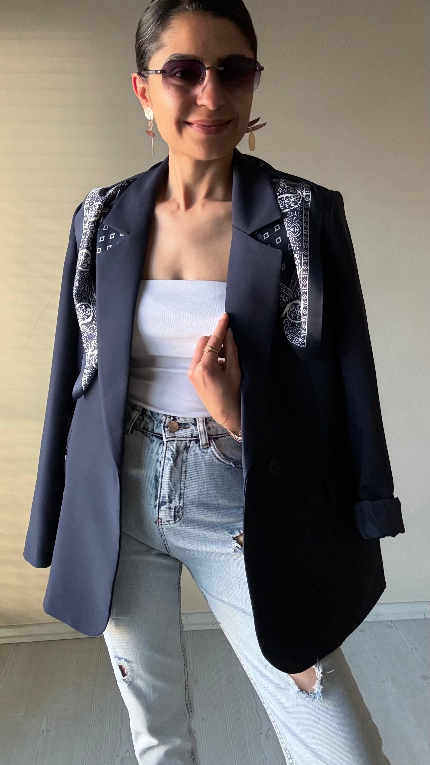 Fular Detay Lacivert Blazer Ceket
