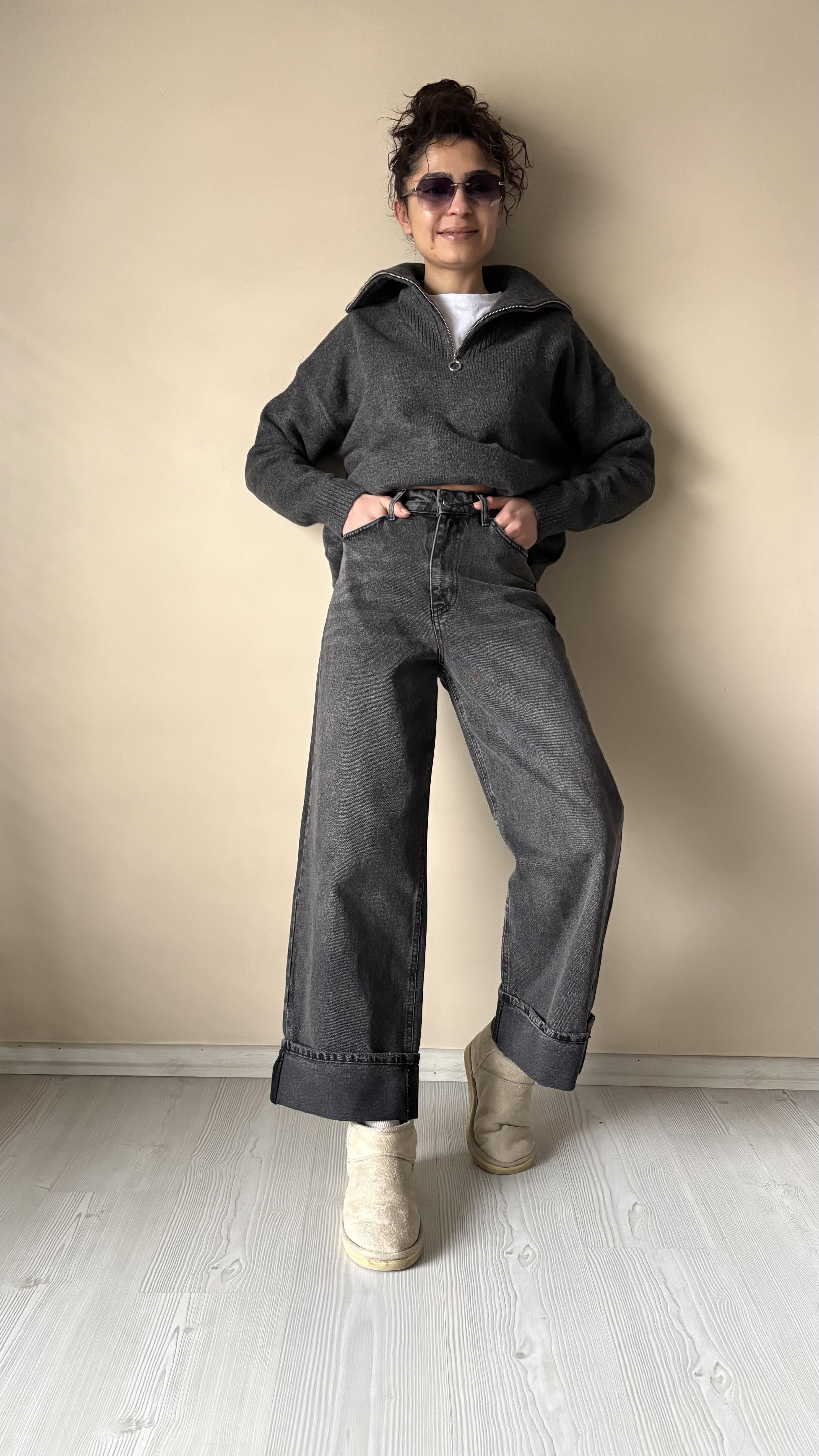 Füme kendinden kıvrımlı wide leg  jean 