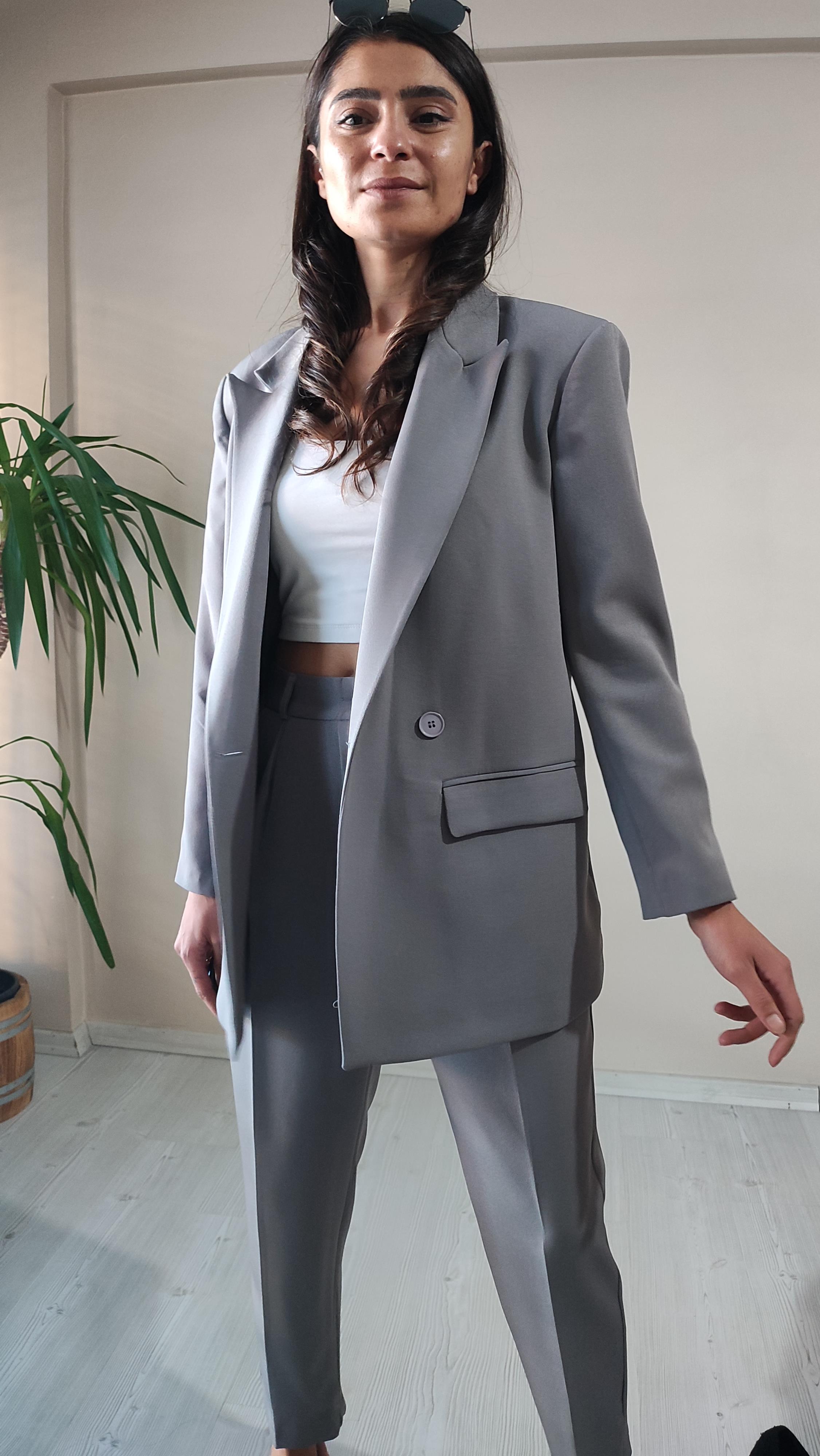 Gri Blazer Ceket Pantolon Takım 