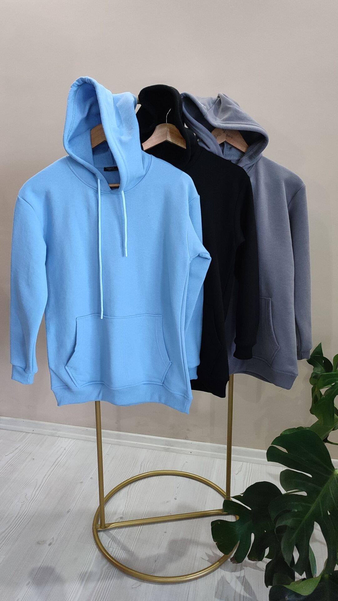 Gri Kanguru cepli kapşonlu üç iplik şardonlu basic sweat
