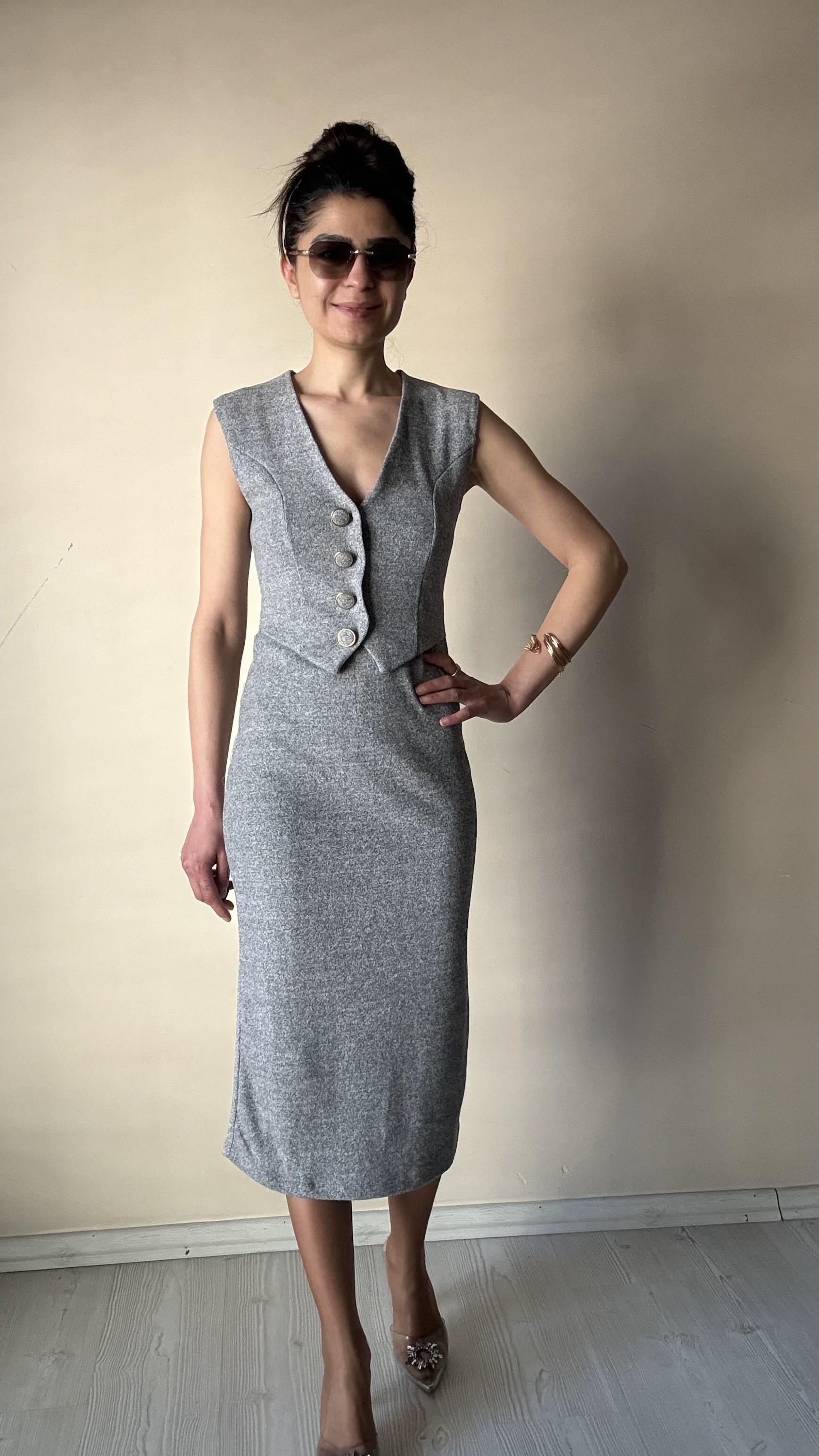 Gri Selanik Yelek Elbise