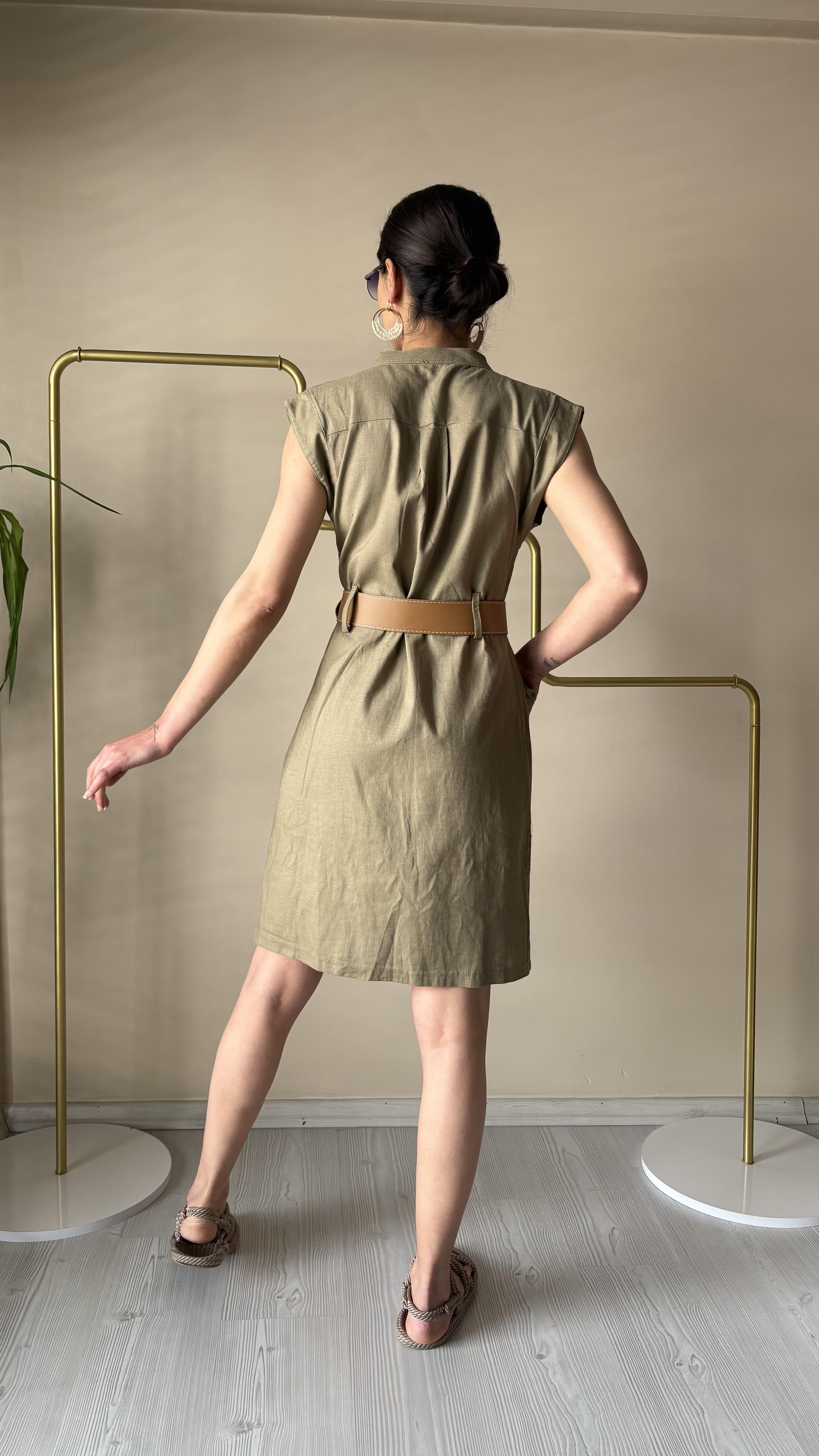 Haki KETEN Kemerli Elbise 