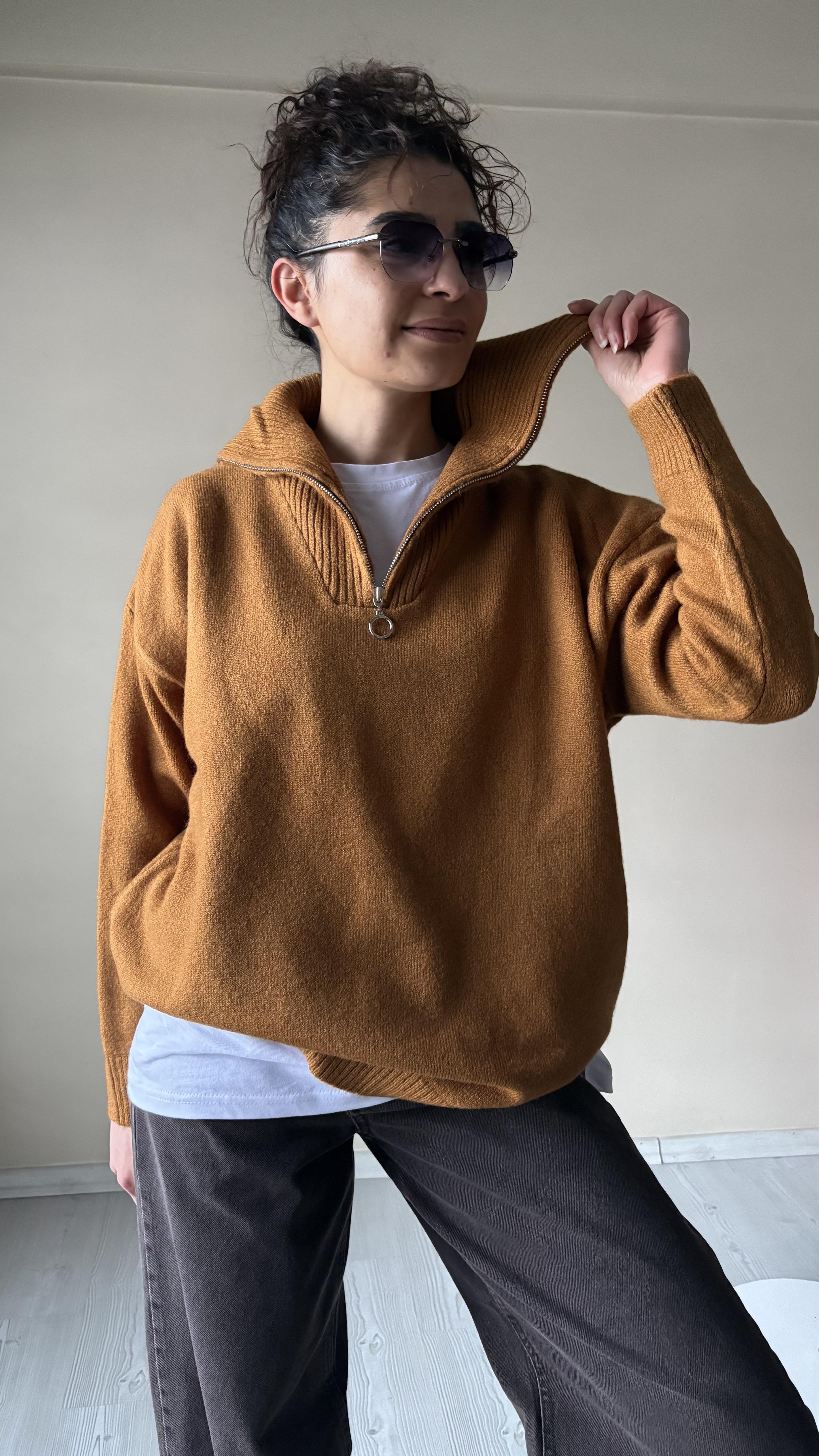 Hardal Yaka fermuarlı Kaşmir Kazak