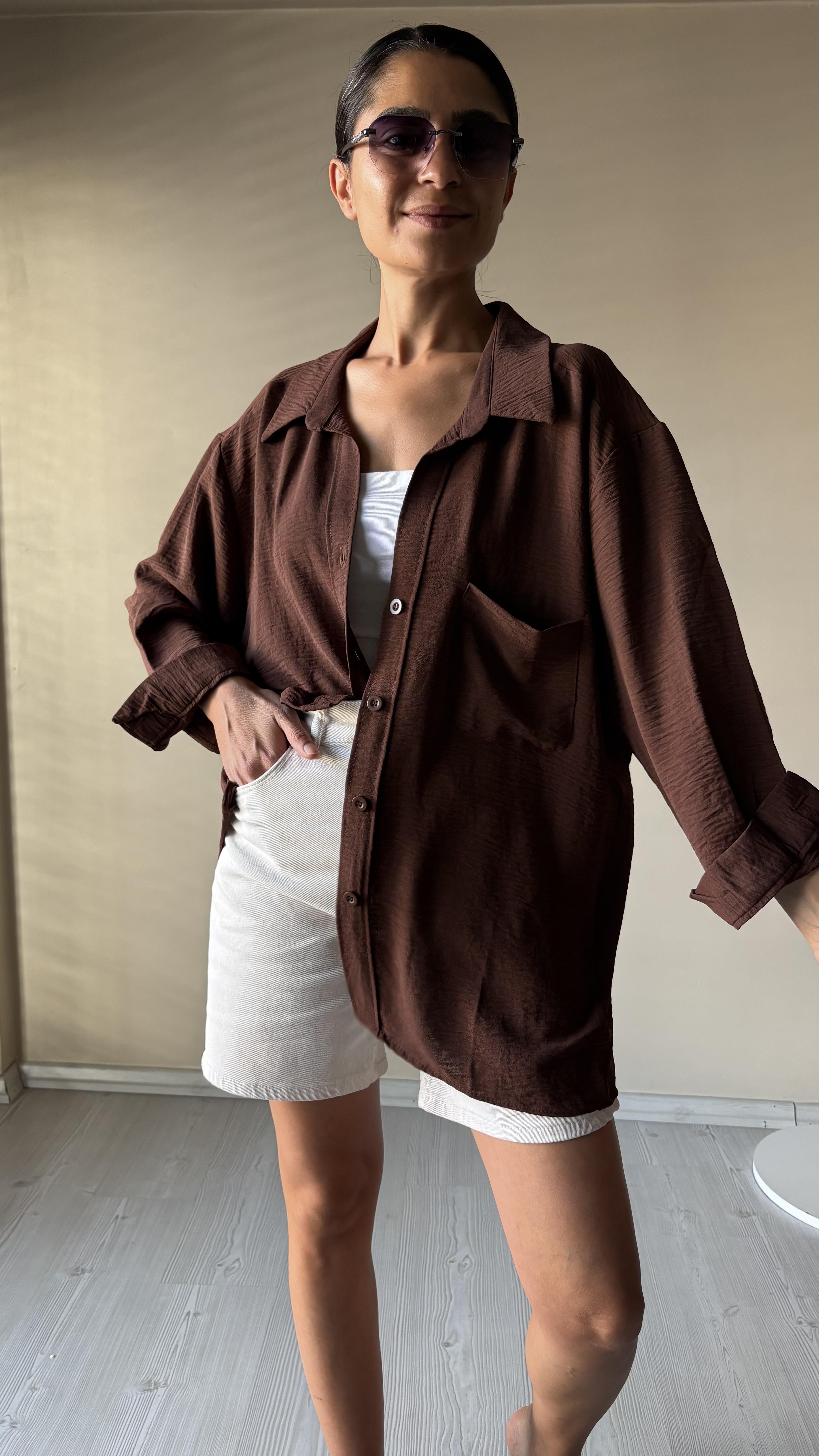 Kahve Aerobin Düşük omuz Oversize Gömlek