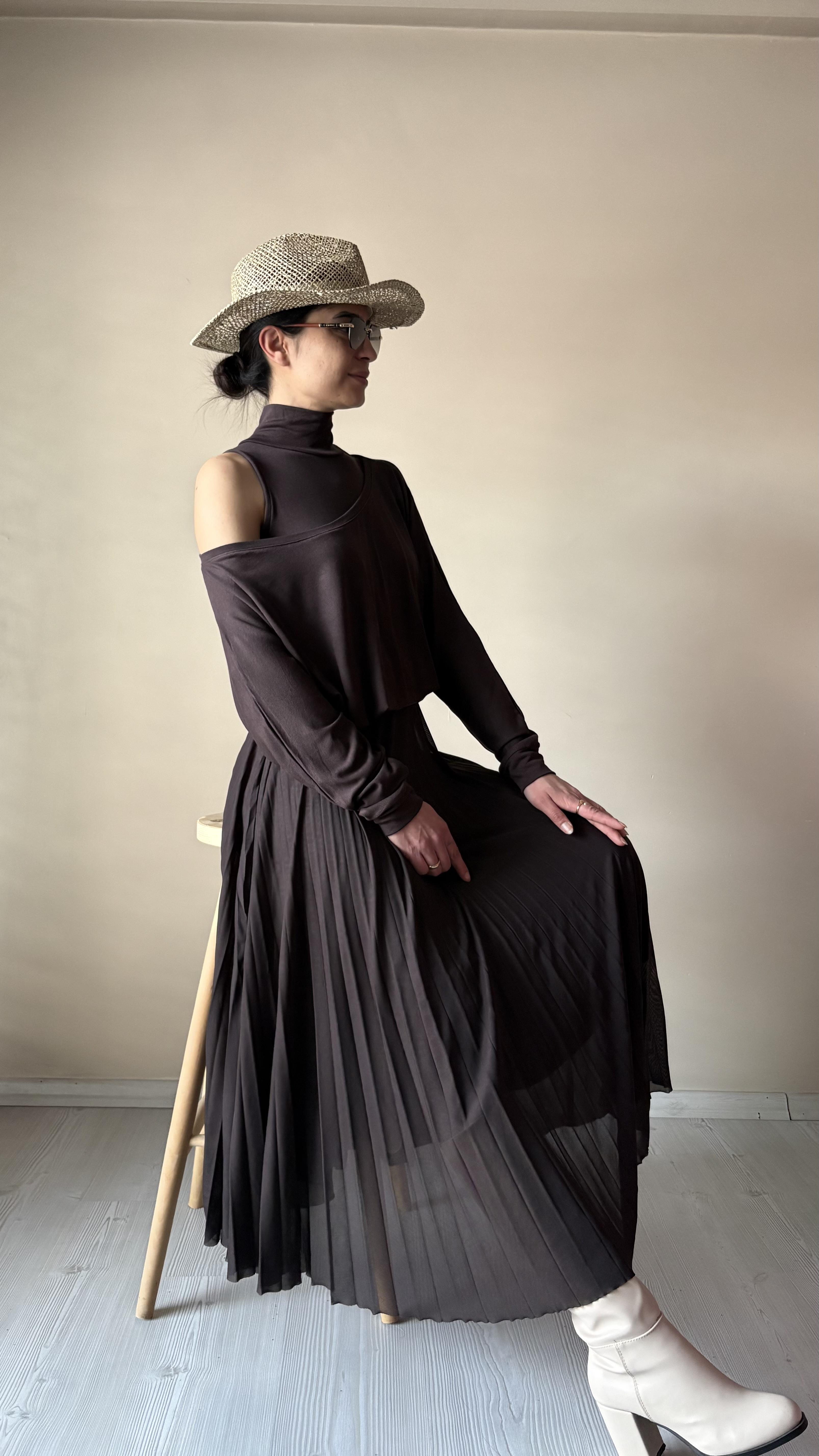 Kahve Ateş pile 2'li Merserize Elbise 