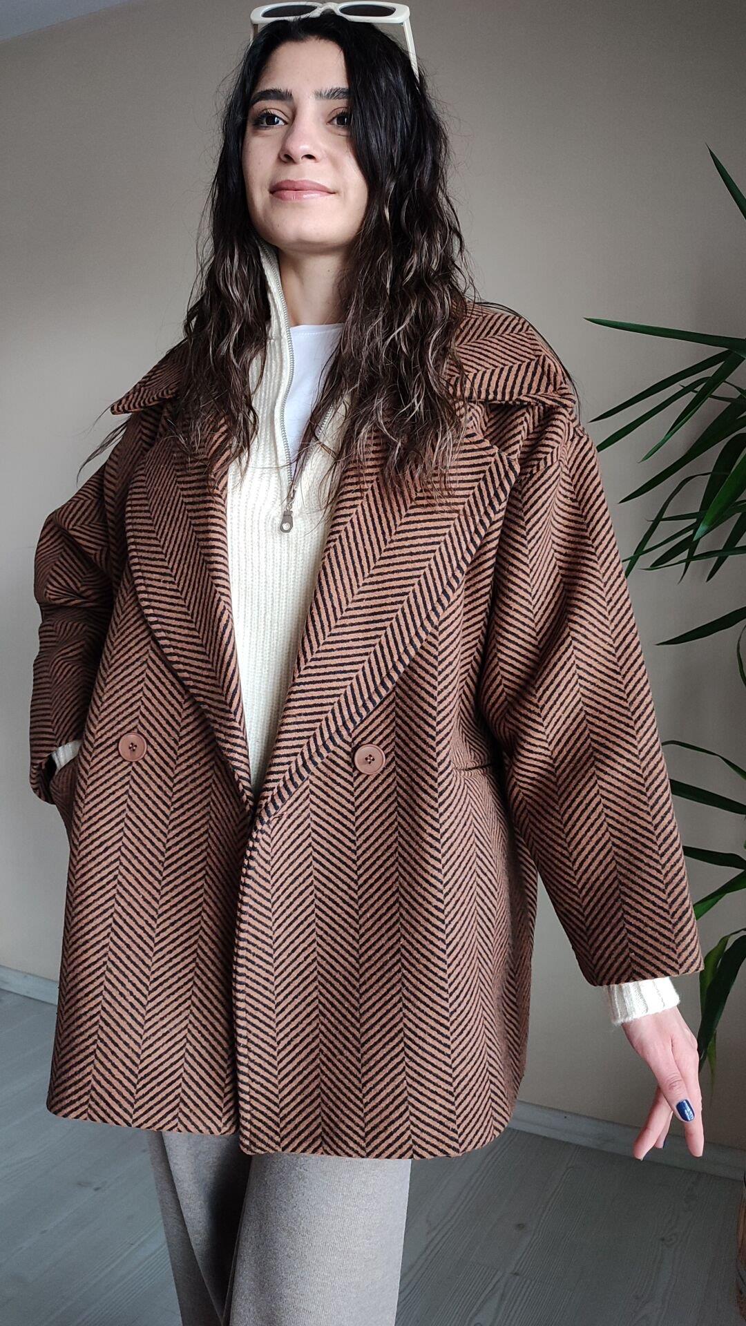 Kahve balık sırtı oversize kaban