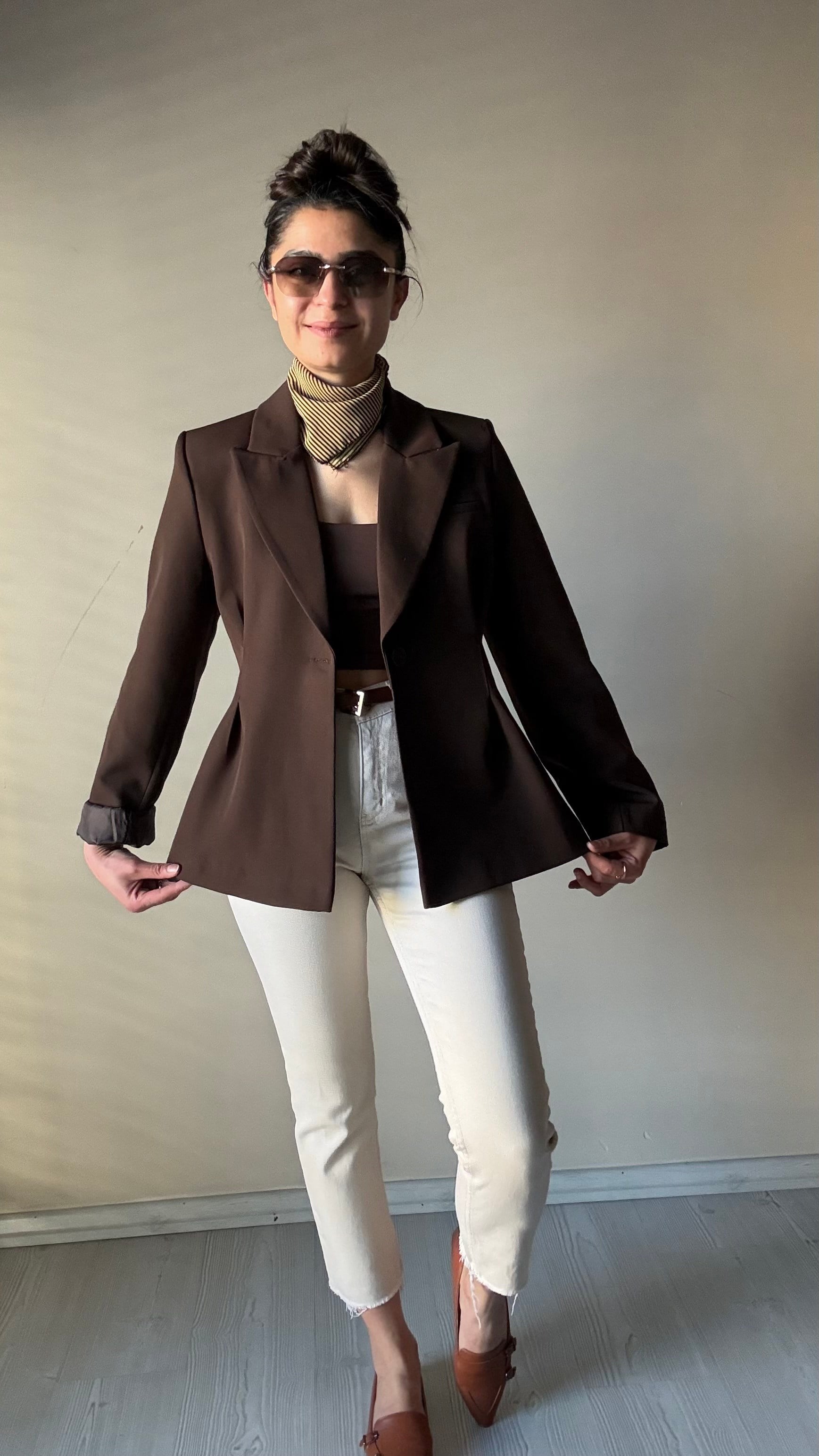 Kahve Bel Pensli Blazer Ceket