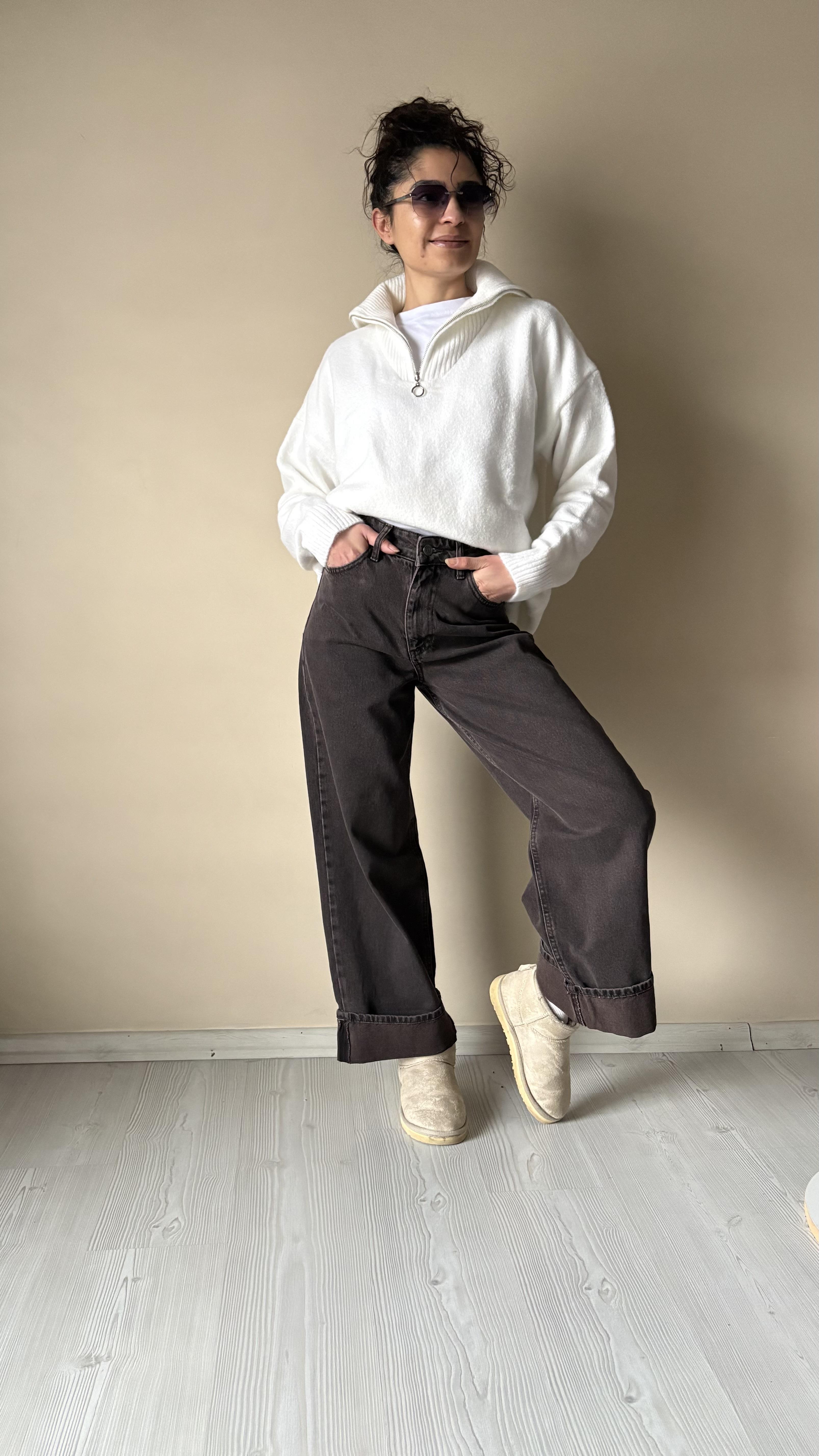 Kahve Kendinden Kıvrımlı wide leg Jean