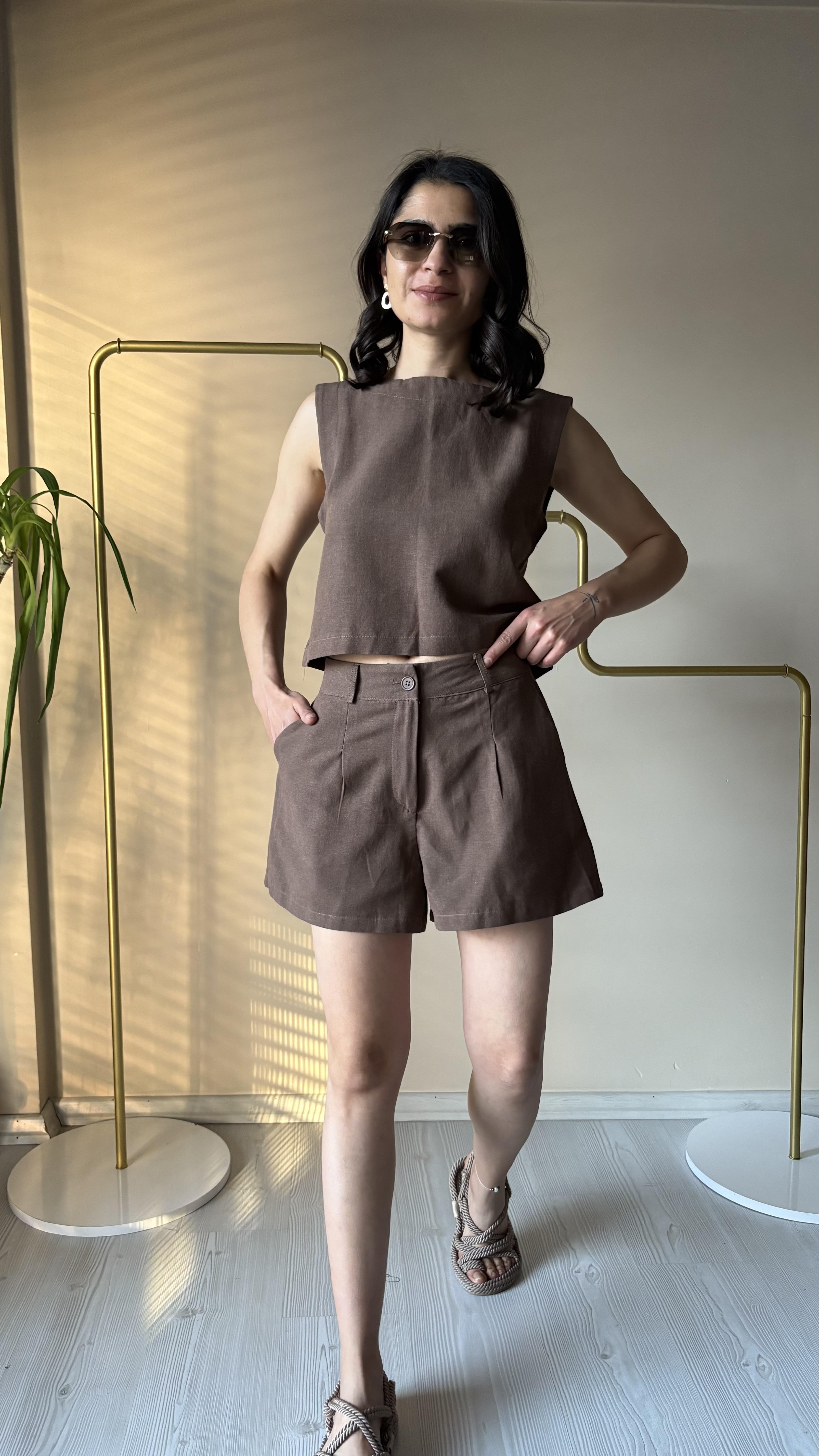 Kahve Keten Şort Takım